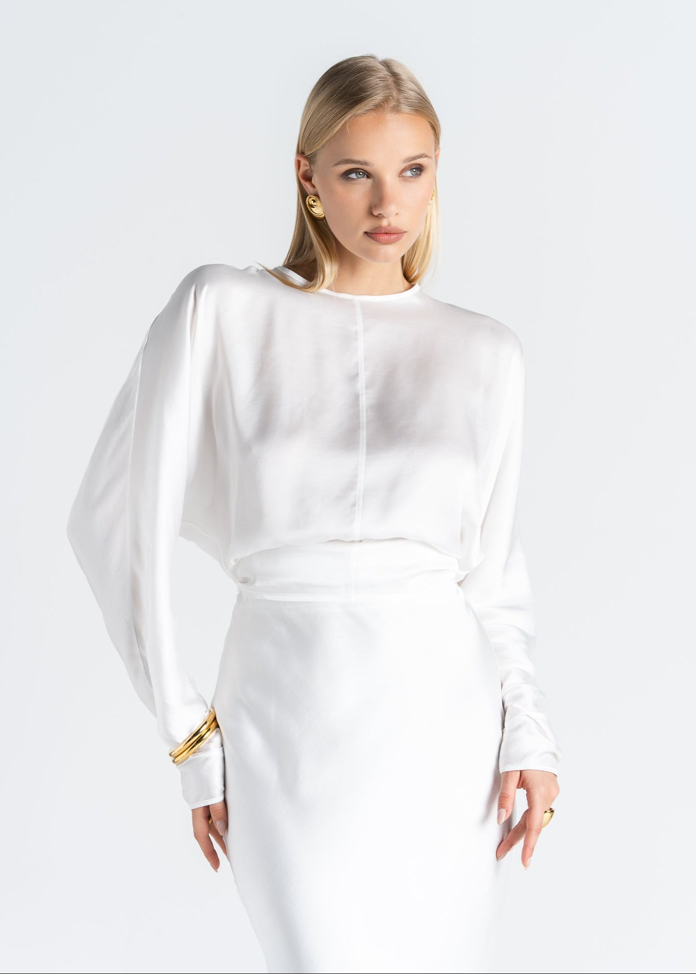 white satin long sleeve dress Halo Long Sleeve Satin Blouse