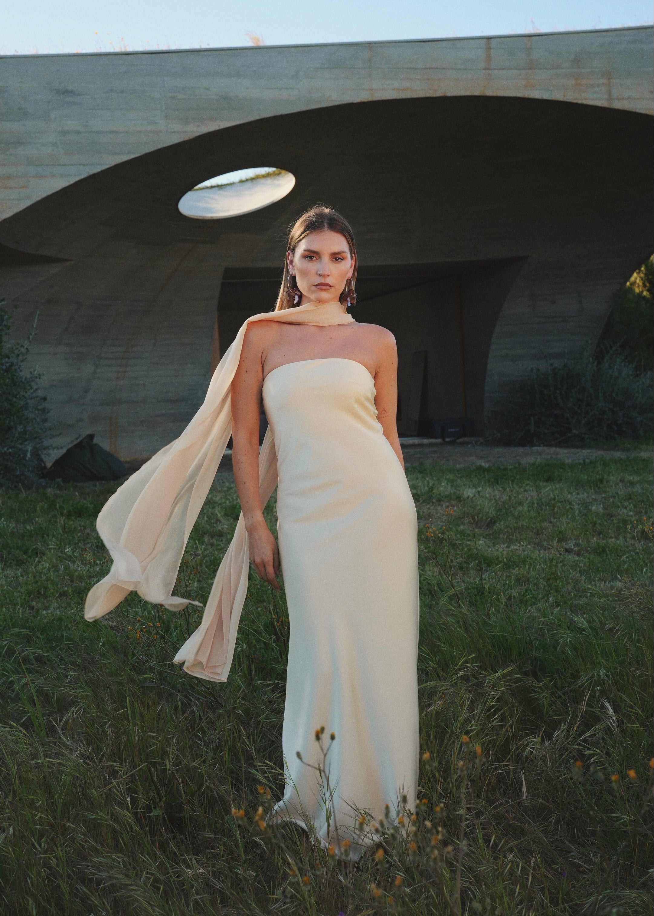 La Noche Strapless Satin Gown with Shawl - Butter Yellow