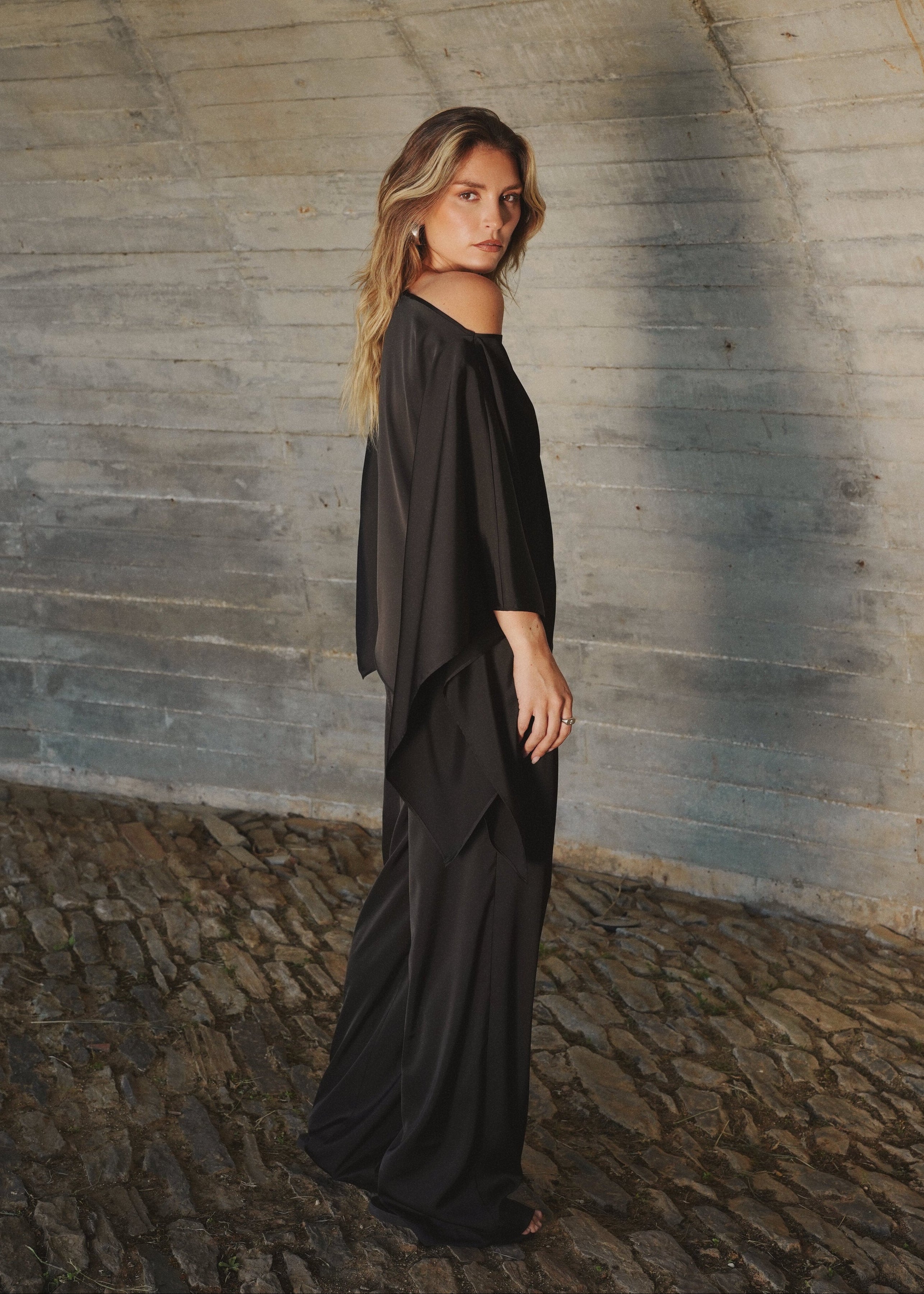 Giulia Satin Cape Top - Black