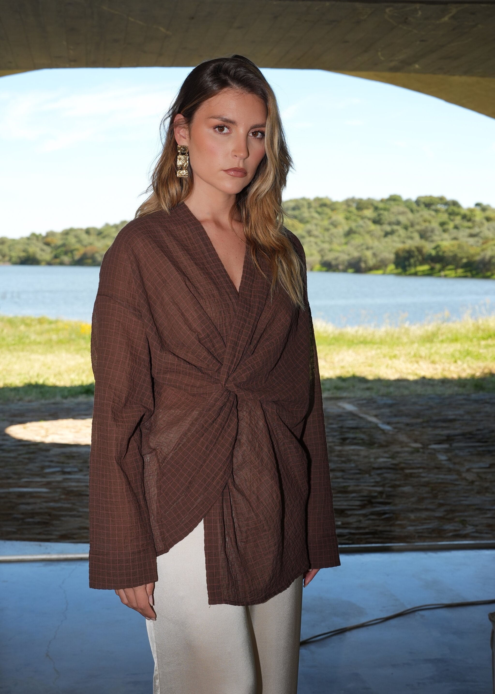 Esme Draped Cotton Twist Blouse - Brown Check