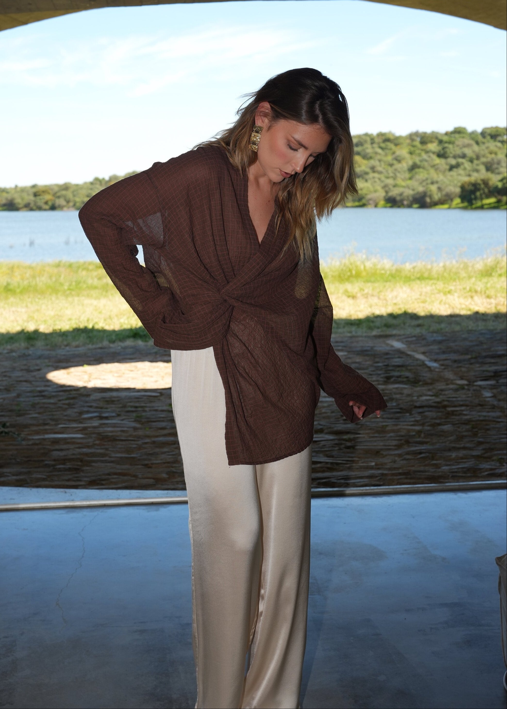Esme Draped Cotton Twist Blouse - Brown Check