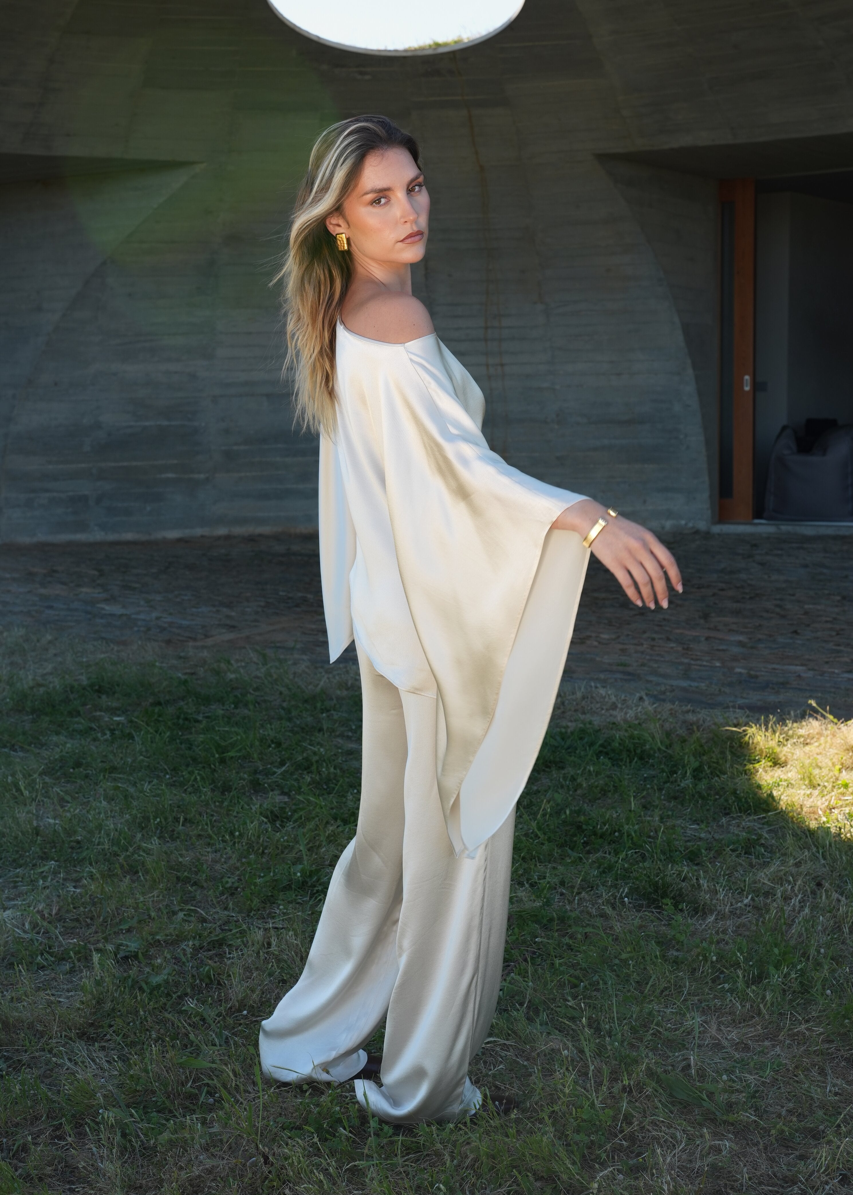Giulia Satin Cape Top - Champagne