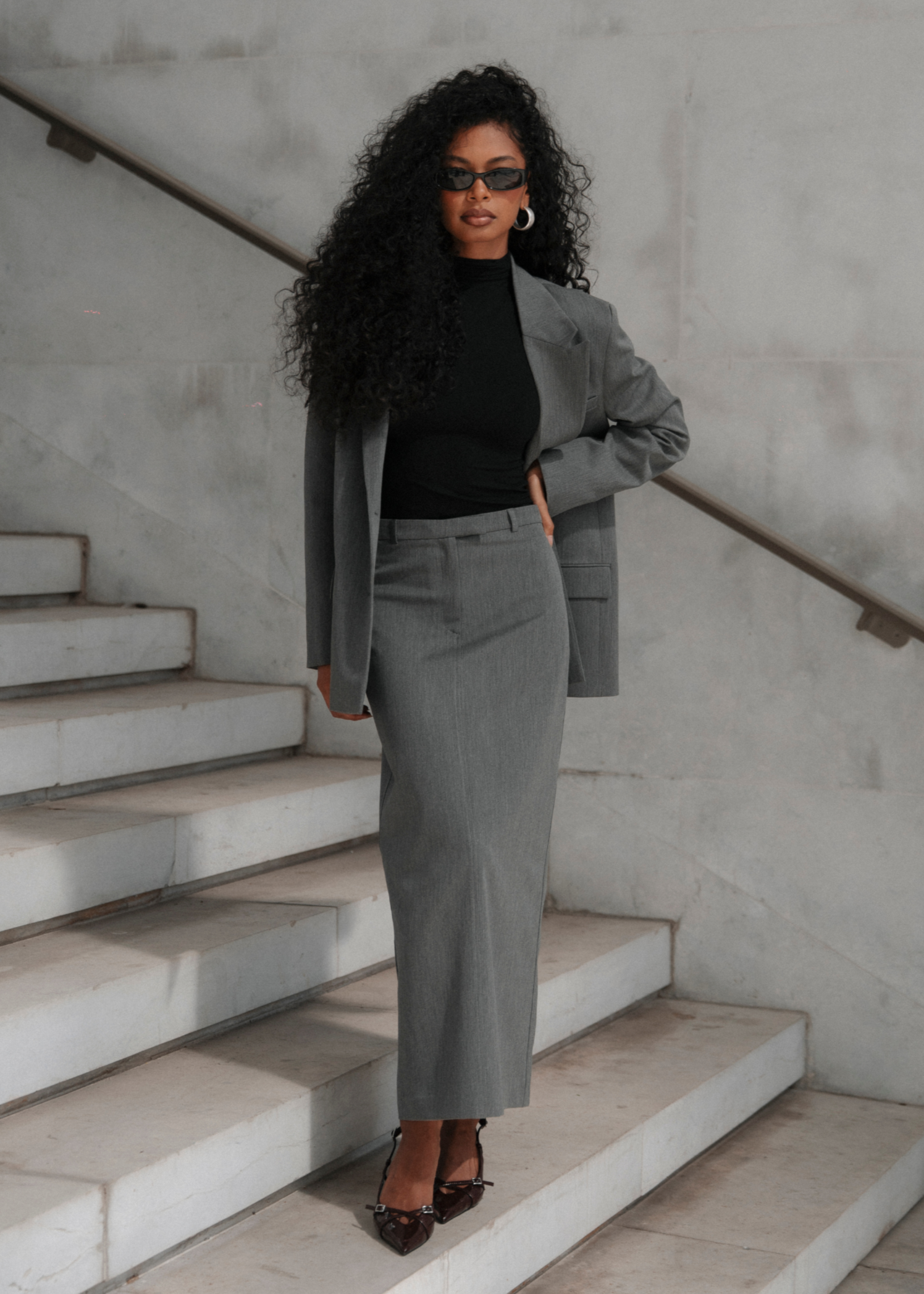 Keanu Tailored Mid-Waist Midi Skirt - Grey