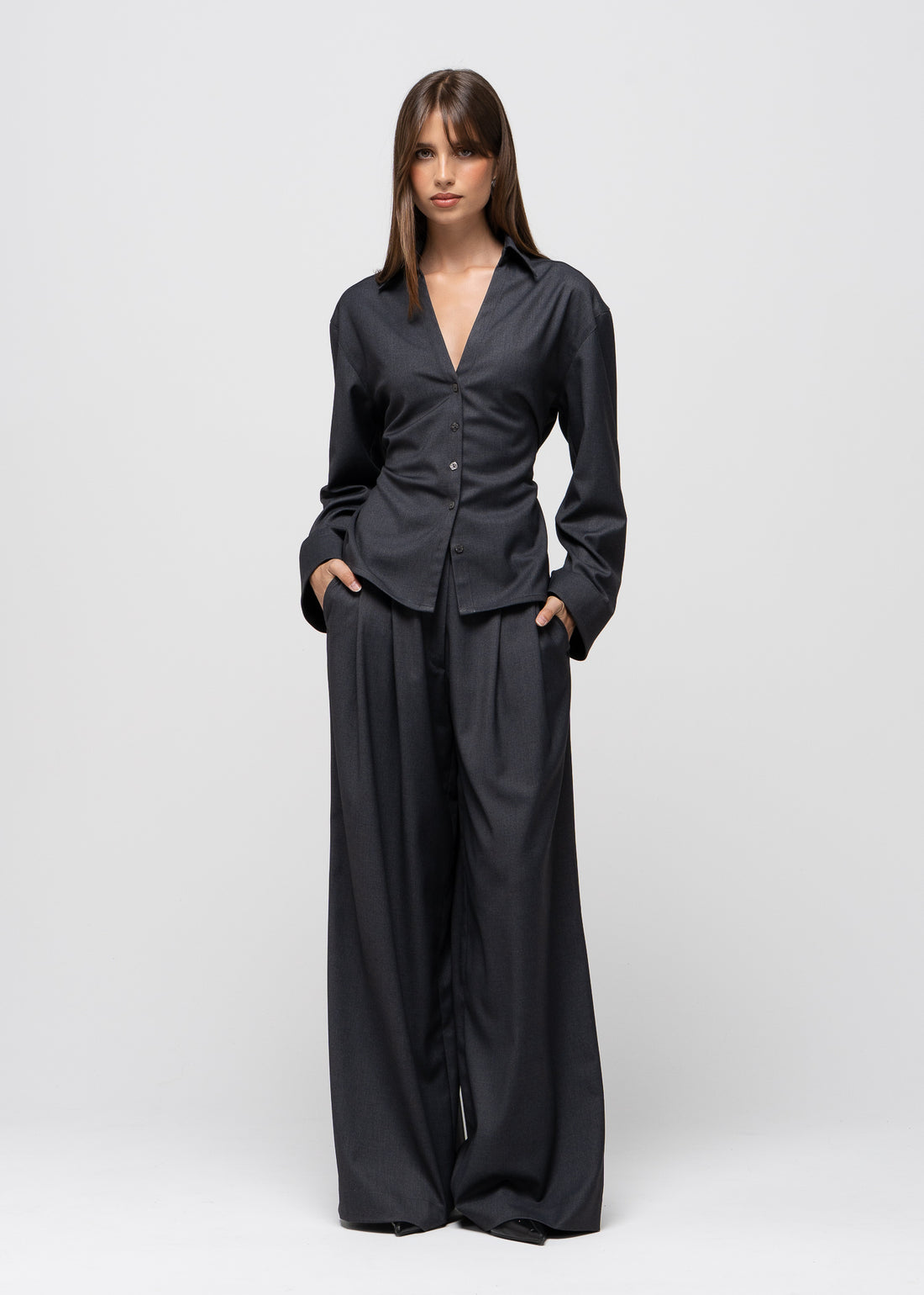 Bianca Linen Wide Leg Trousers - Anthracite
