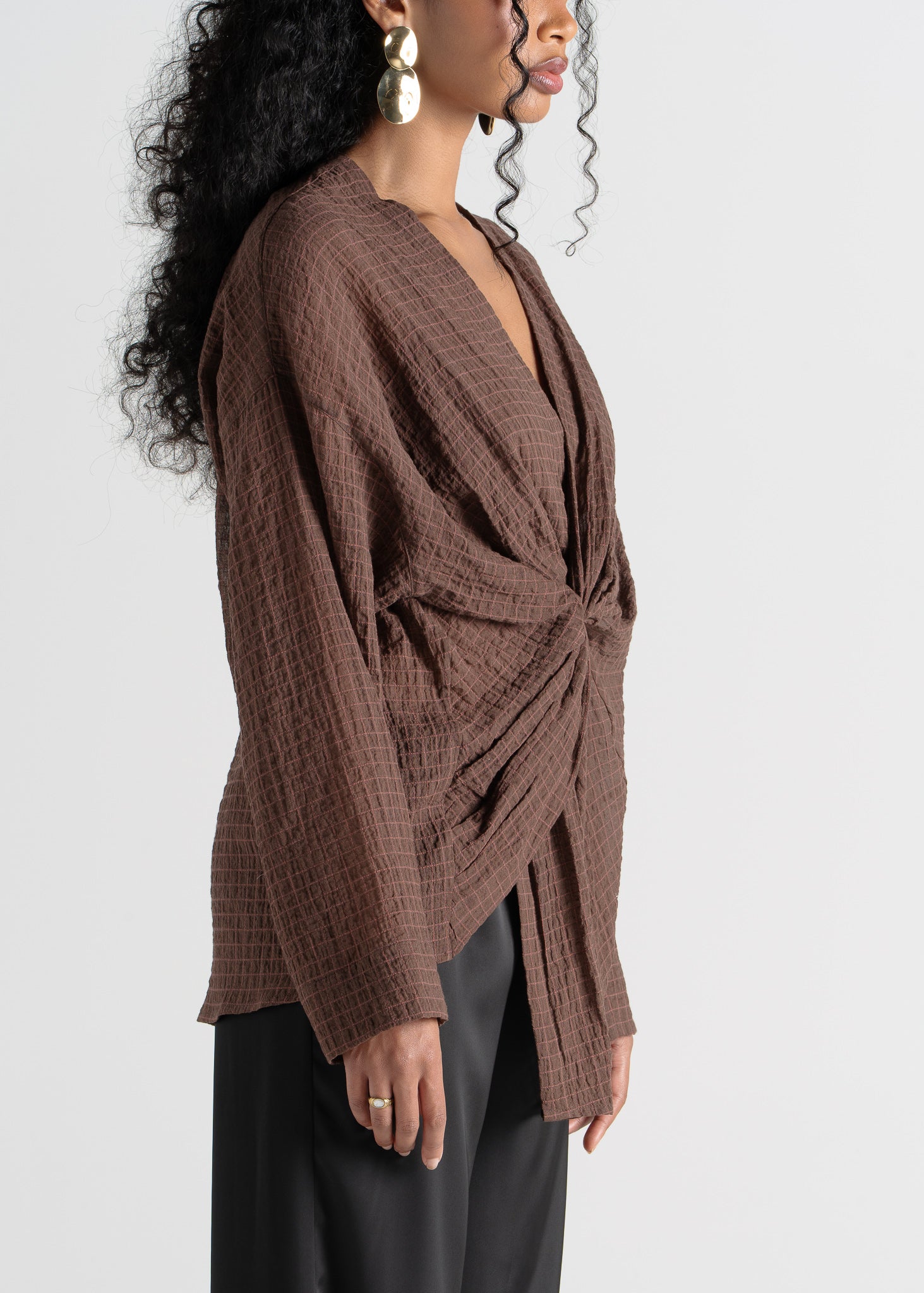Esme Draped Cotton Twist Blouse - Brown Check