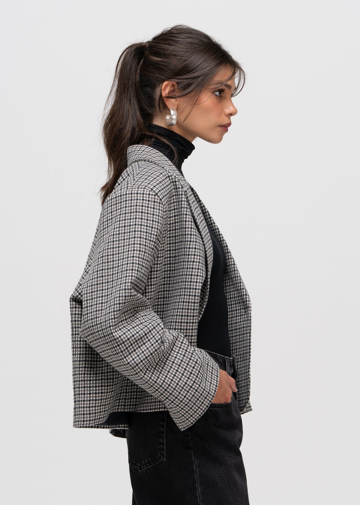 Yoko Cropped Check Wool Blazer