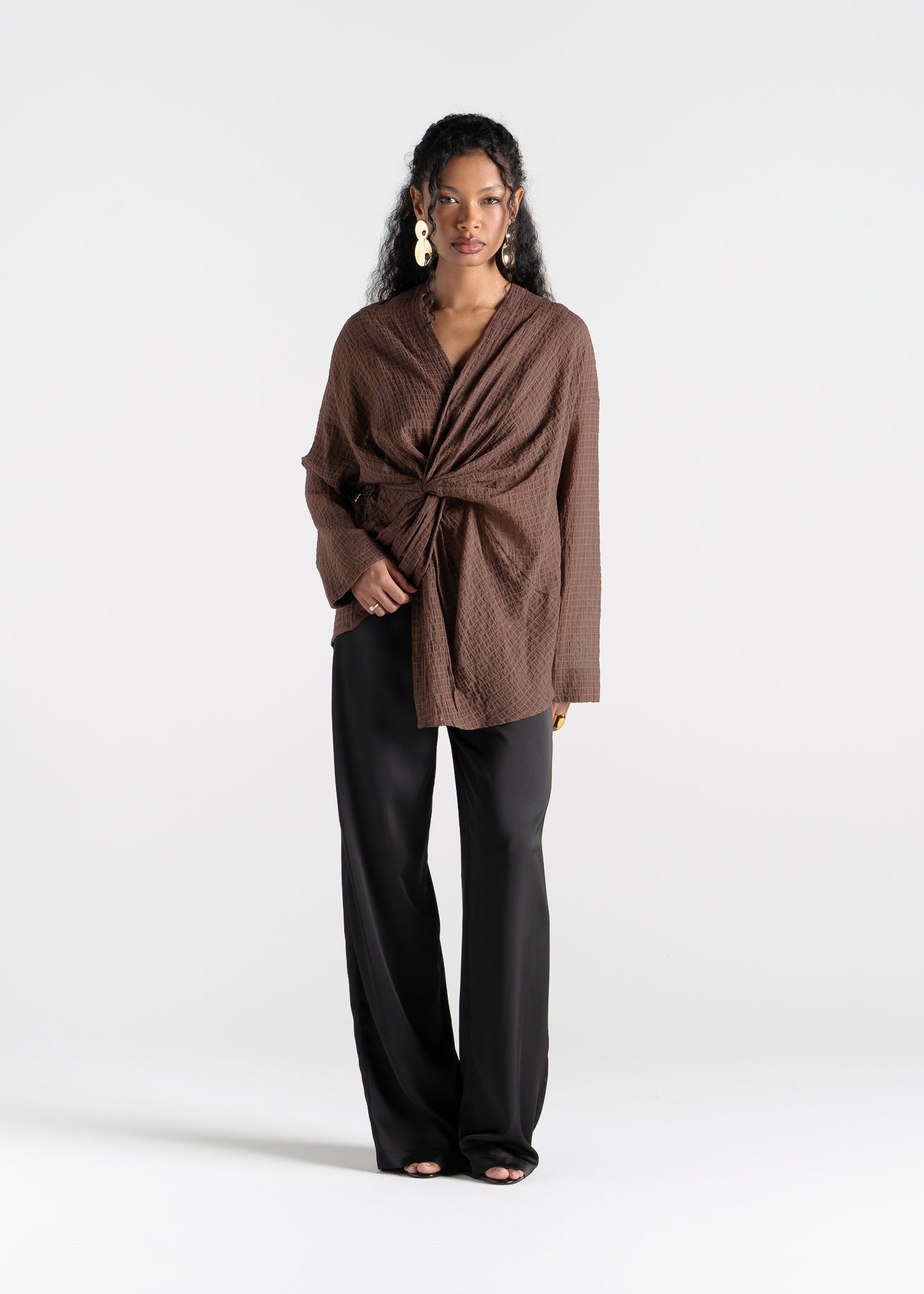 Esme Draped Cotton Twist Blouse - Brown Check
