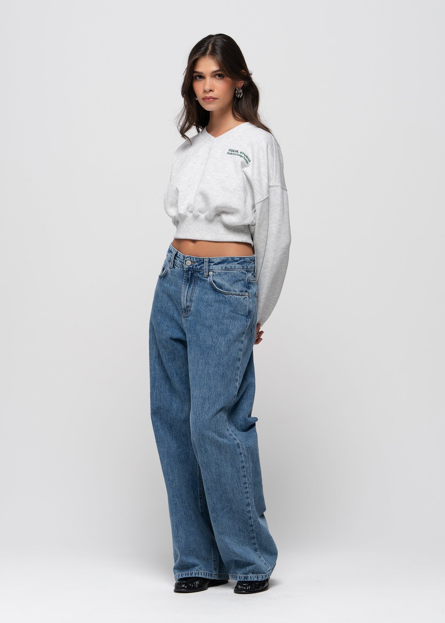 Comfort Fleece V-Neck Cropped Sweater - Grey