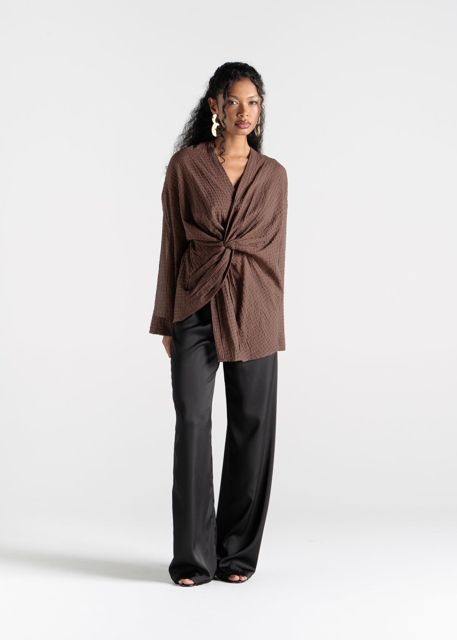 Esme Draped Cotton Twist Blouse - Brown Check