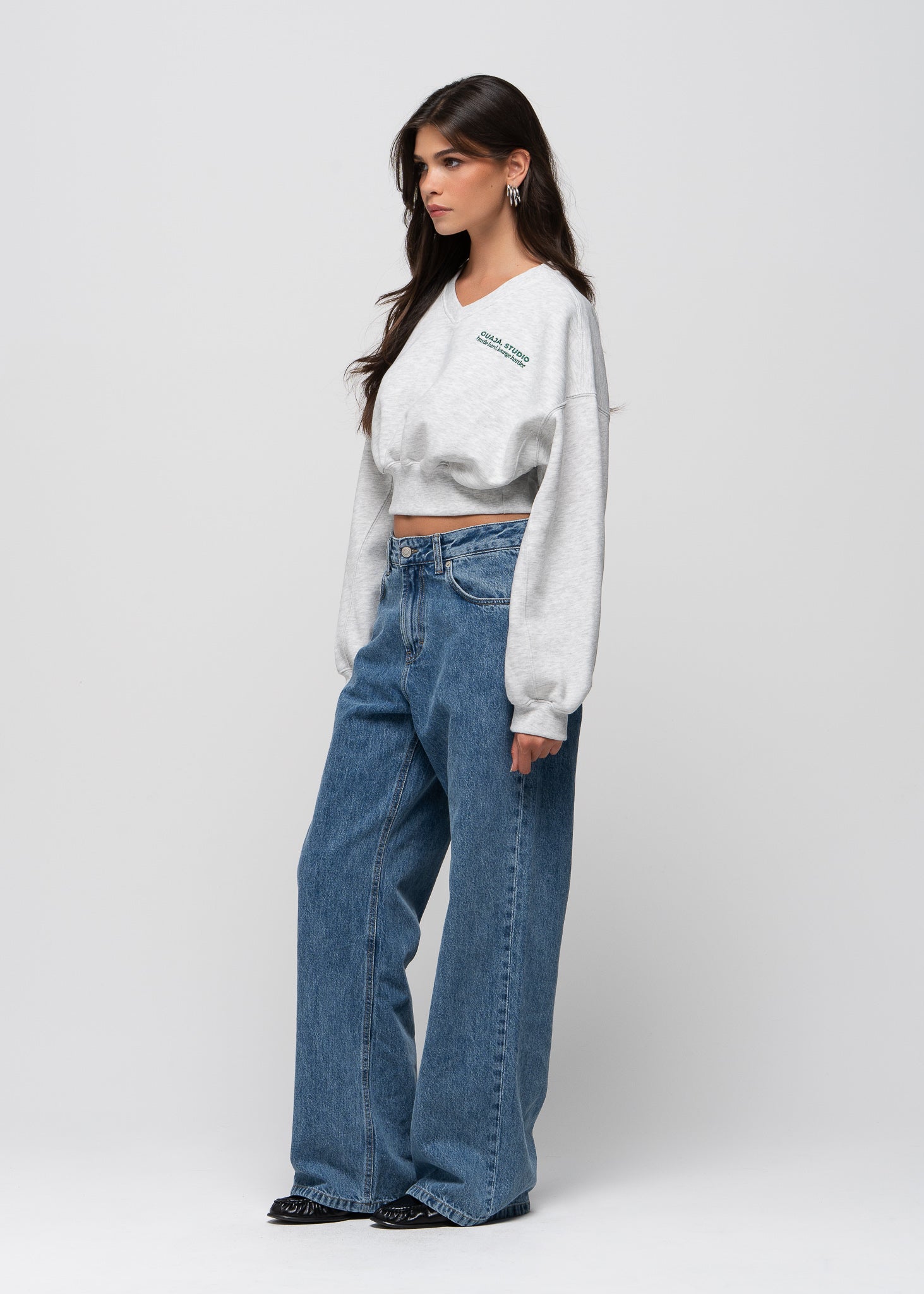 Comfort Fleece V-Neck Cropped Sweater - Grey
