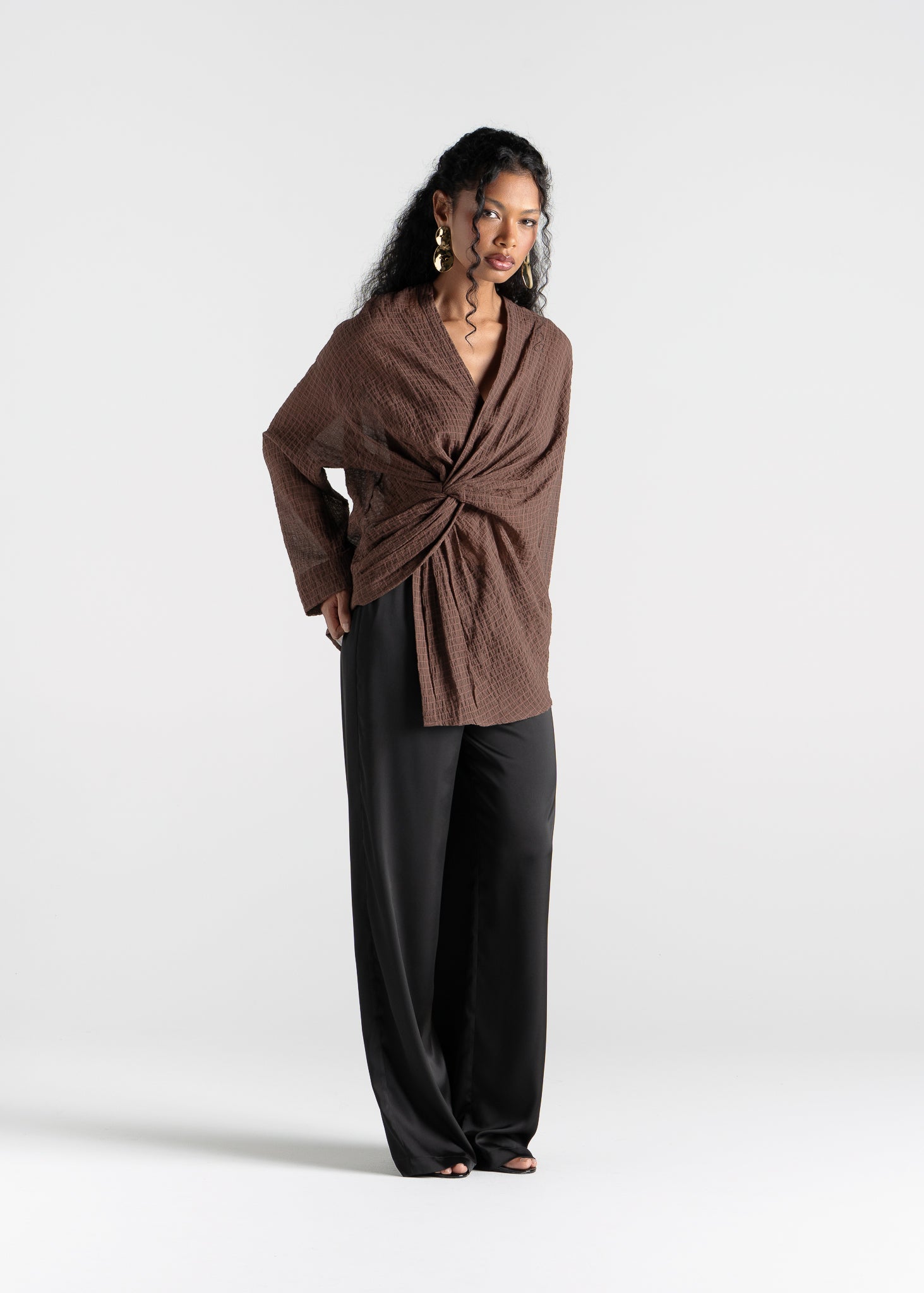 Esme Draped Cotton Twist Blouse - Brown Check