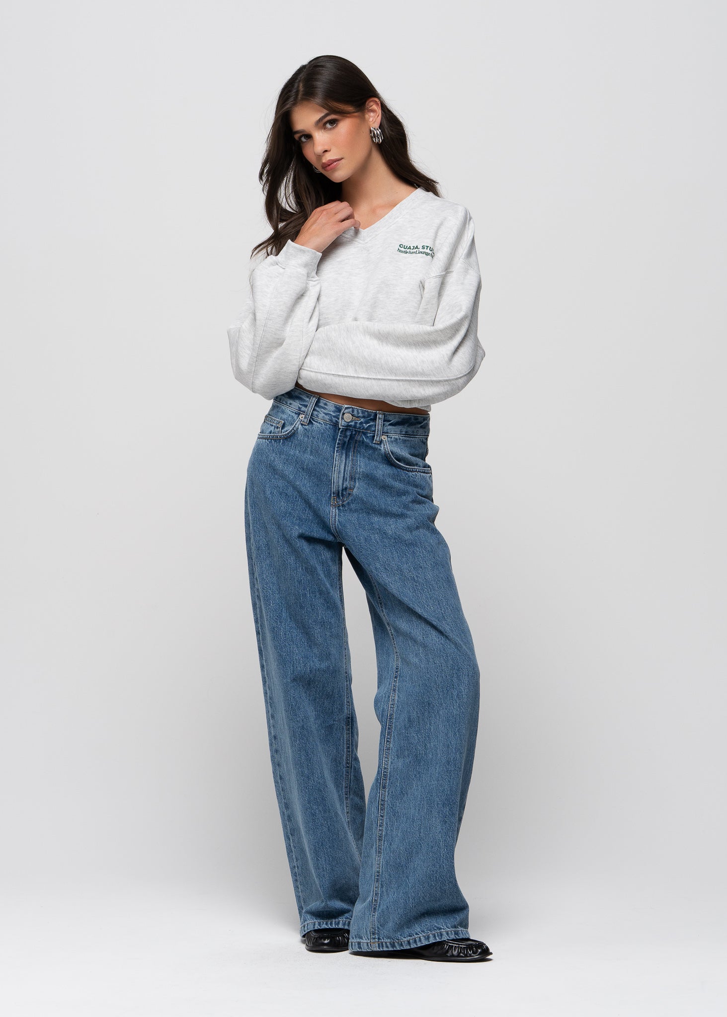 Comfort Fleece V-Neck Cropped Sweater - Grey