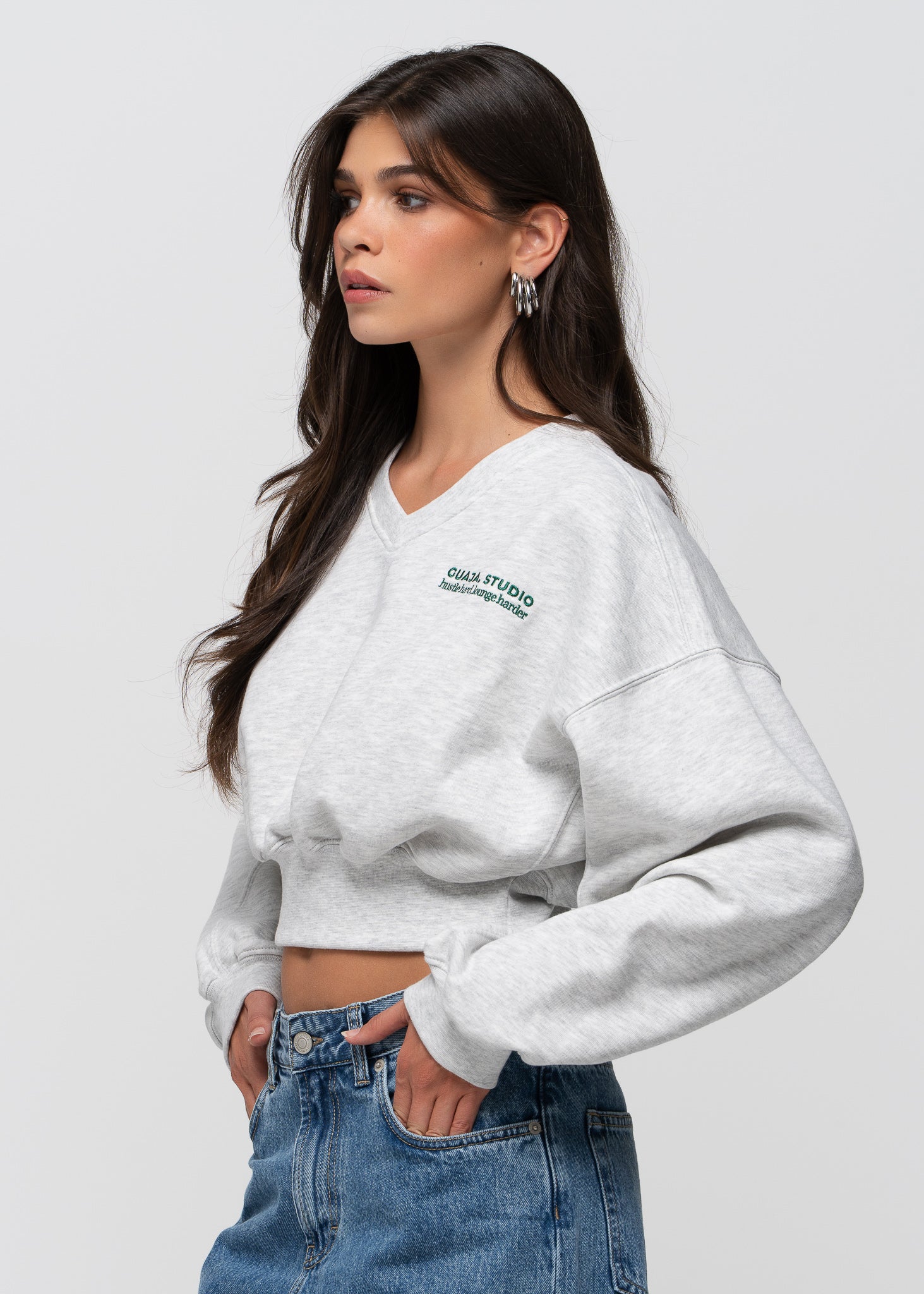 Comfort Fleece V-Neck Cropped Sweater - Grey