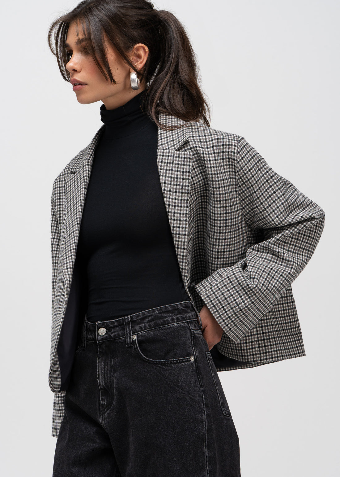 Yoko Cropped Check Wool Blazer