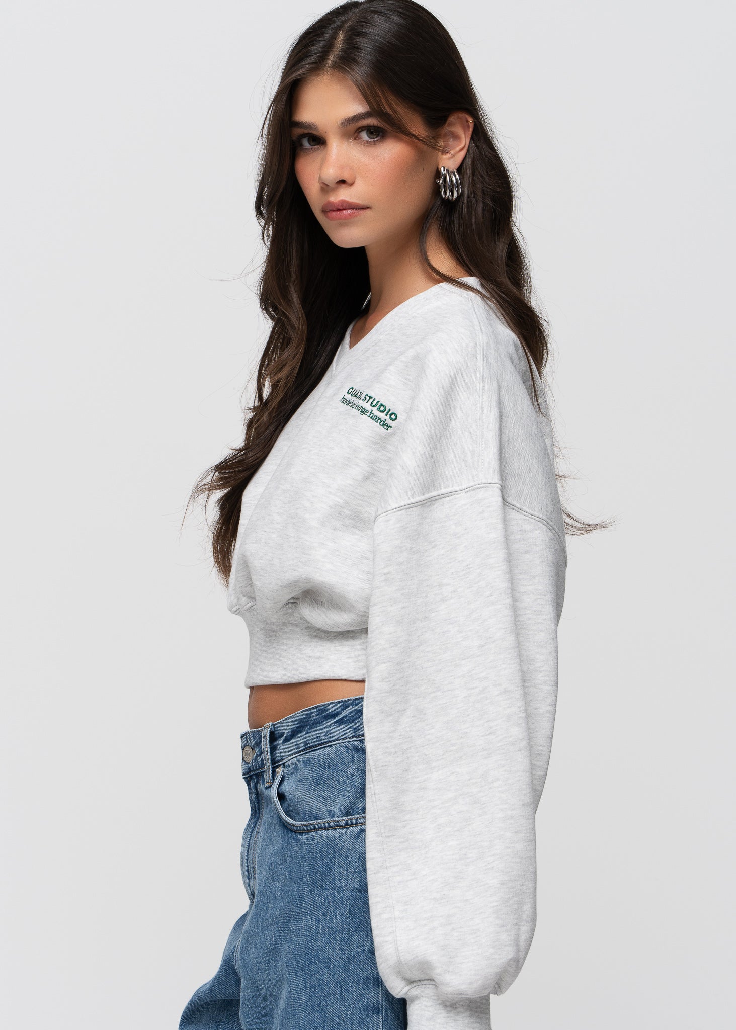 Comfort Fleece V-Neck Cropped Sweater - Grey