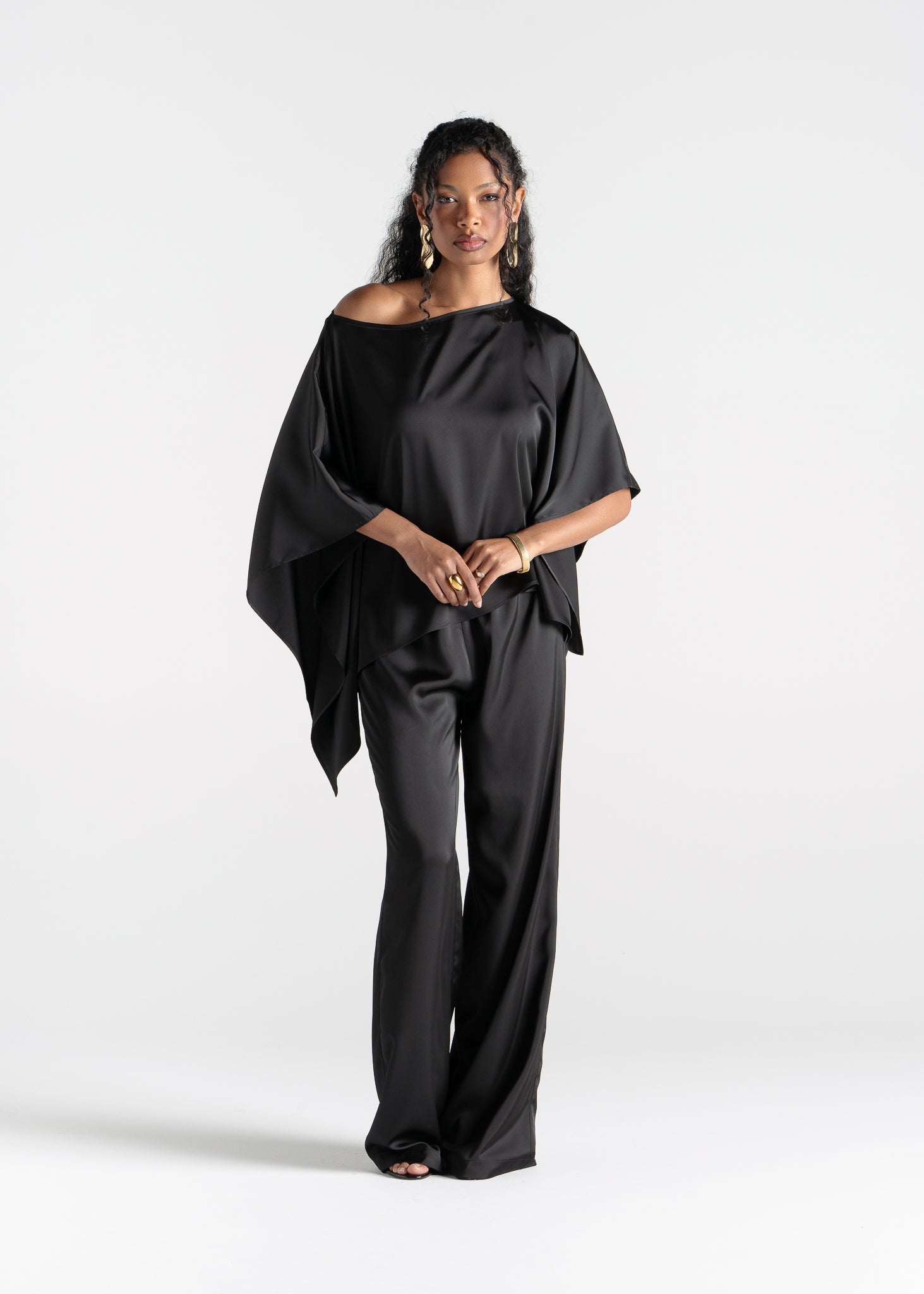 Giulia Satin Cape Top - Black