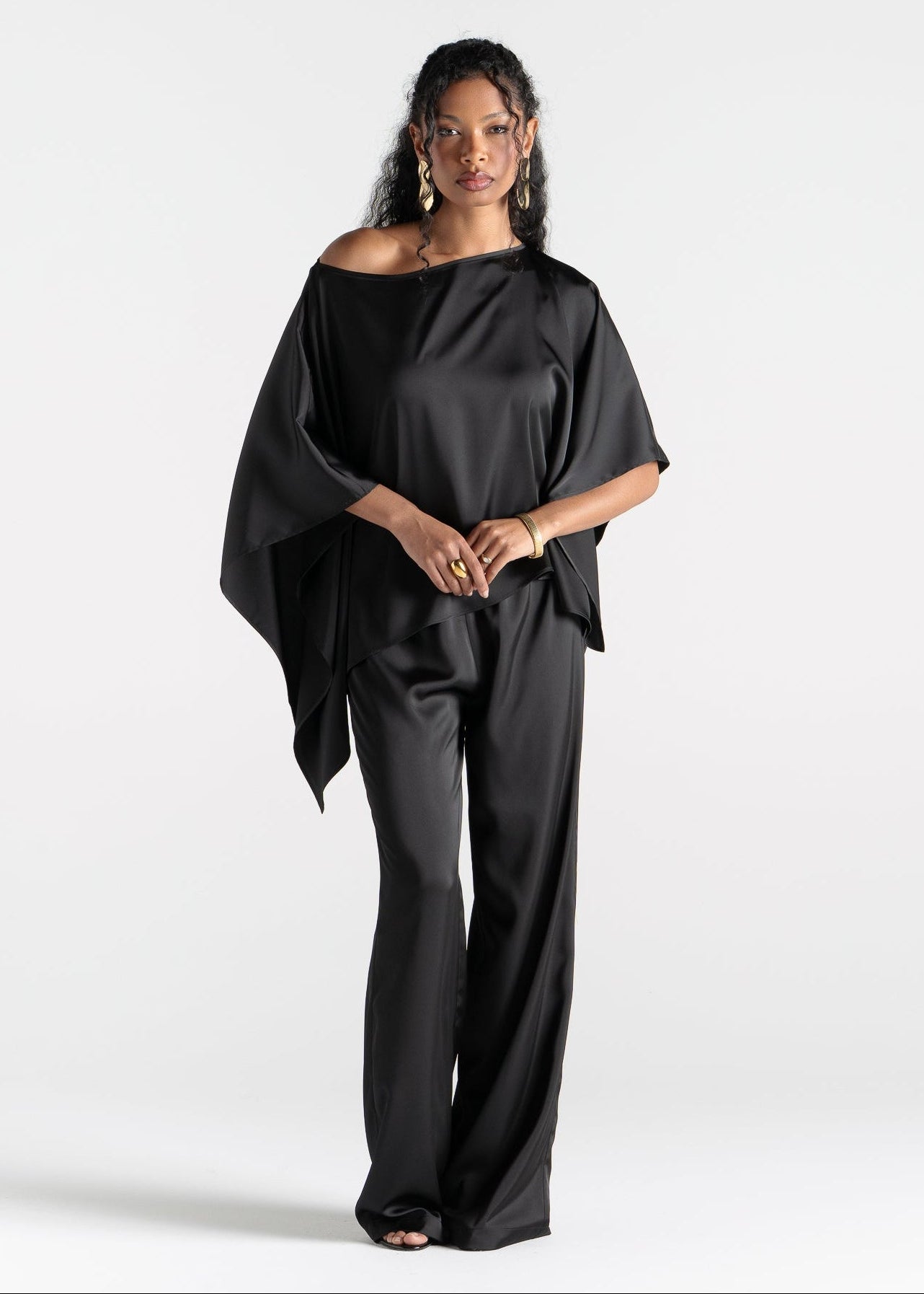 Giulia Loose Satin Pants - Black