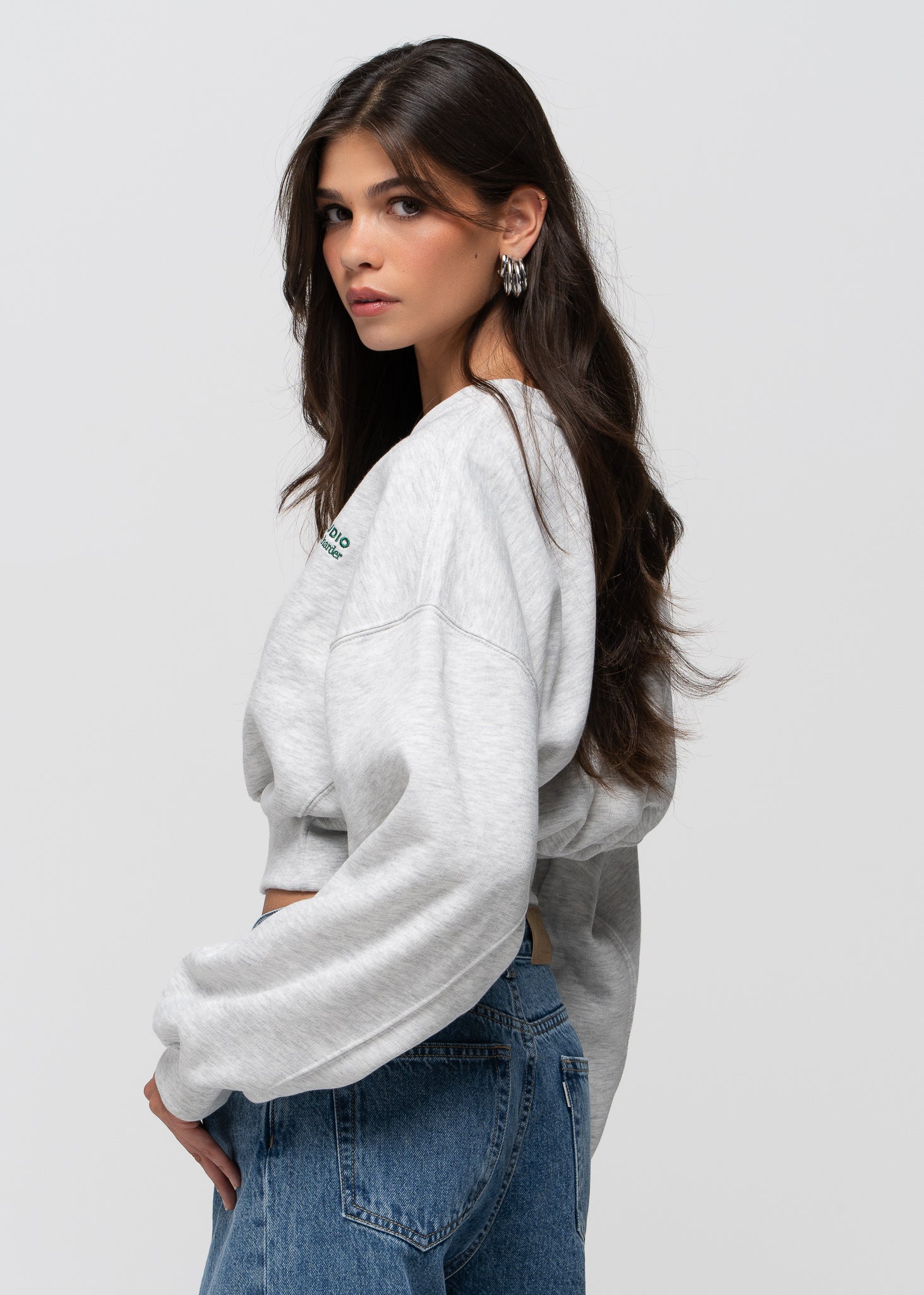 Comfort Fleece V-Neck Cropped Sweater - Grey
