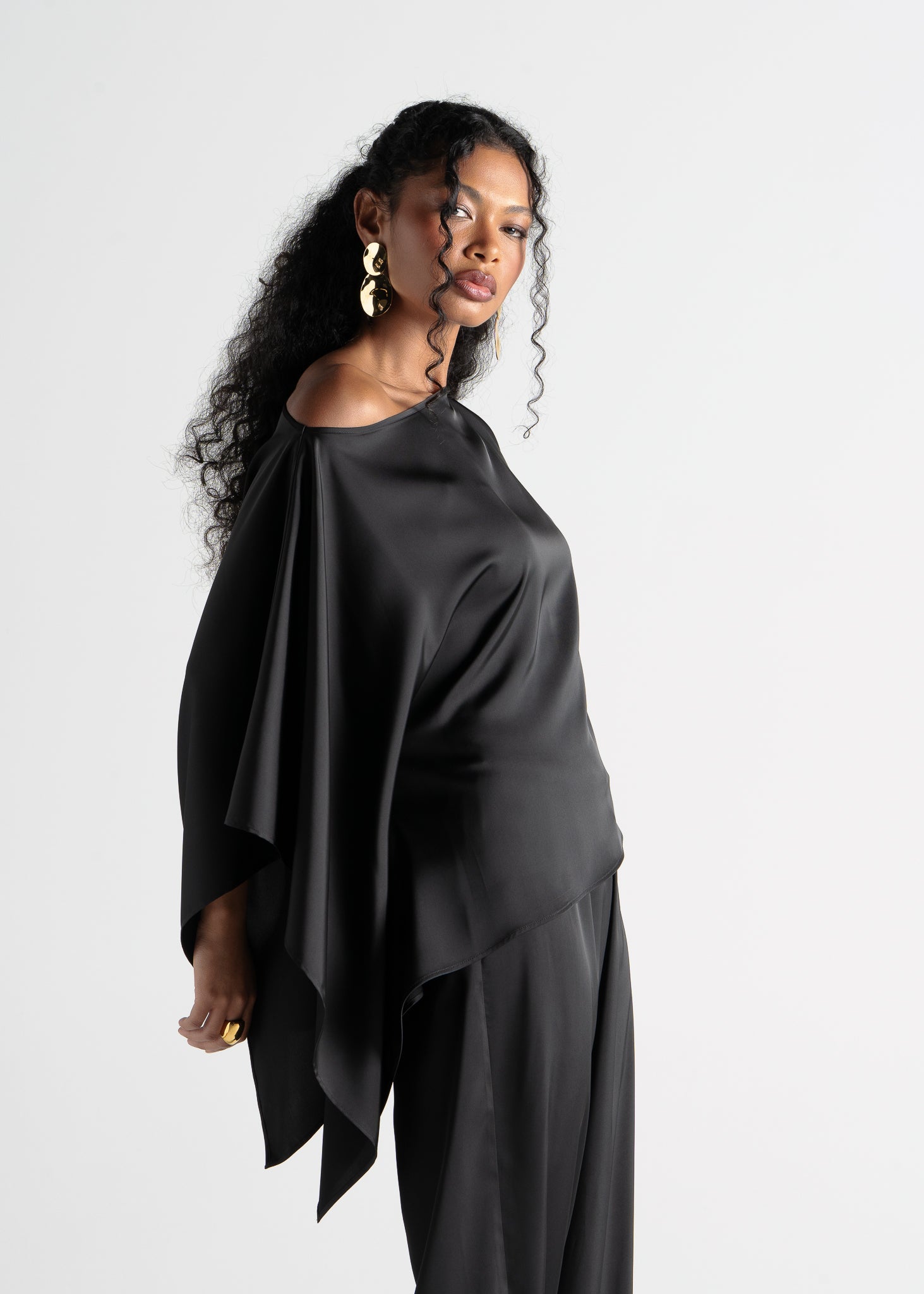 Giulia Satin Cape Top - Black