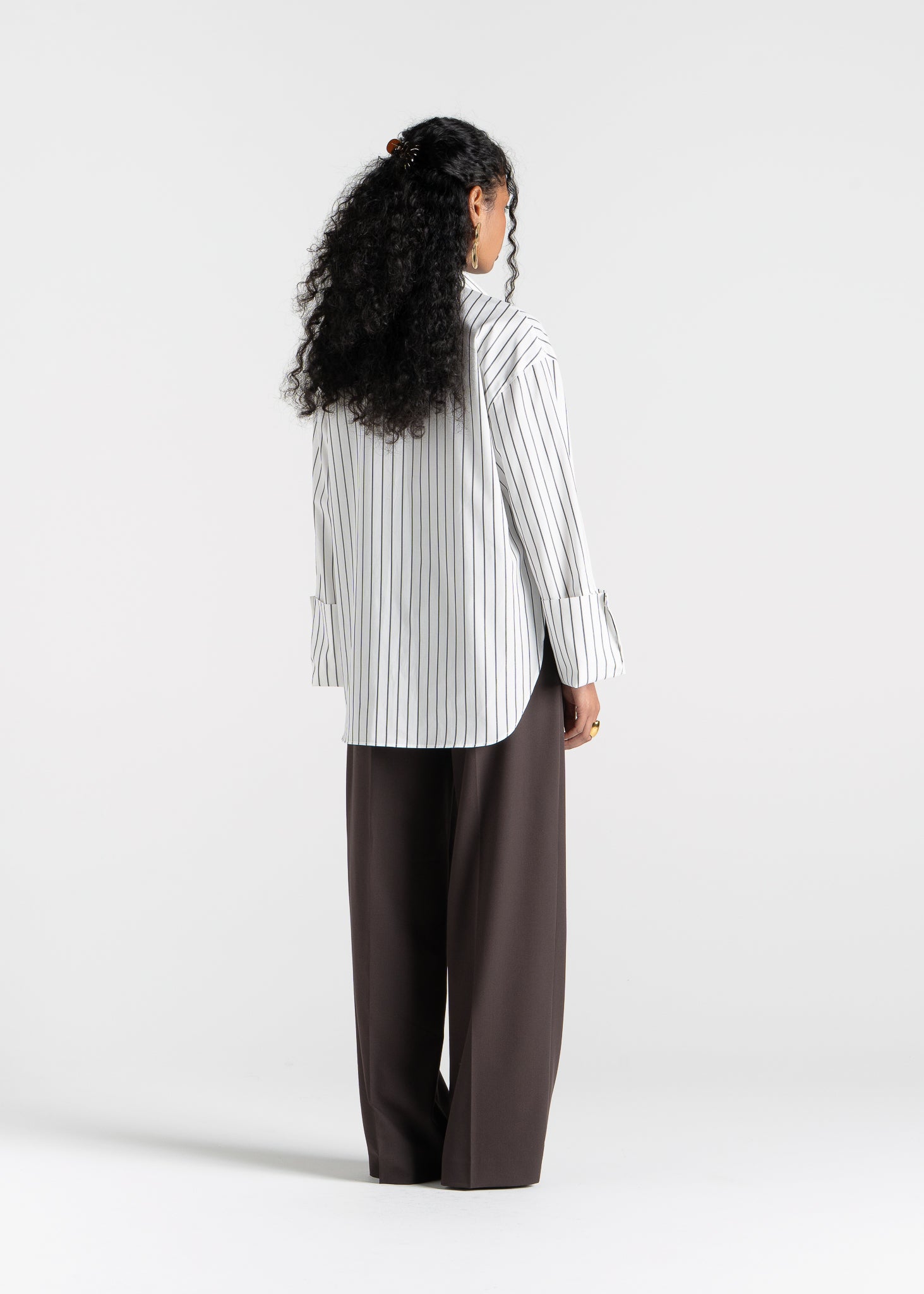 Gia Wide Cuff Cotton Shirt - White & Brown