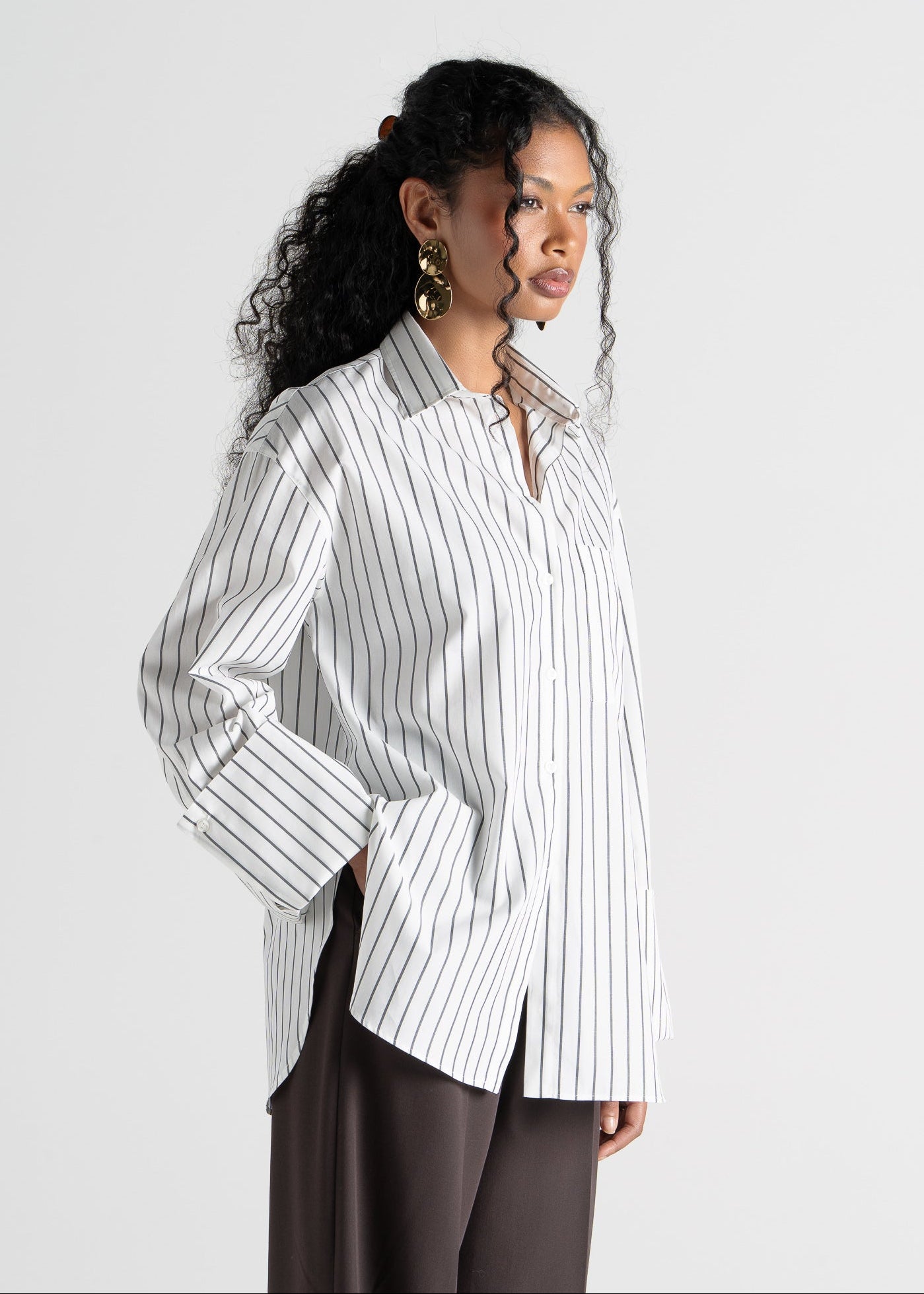 Gia Wide Cuff Cotton Shirt - White & Brown