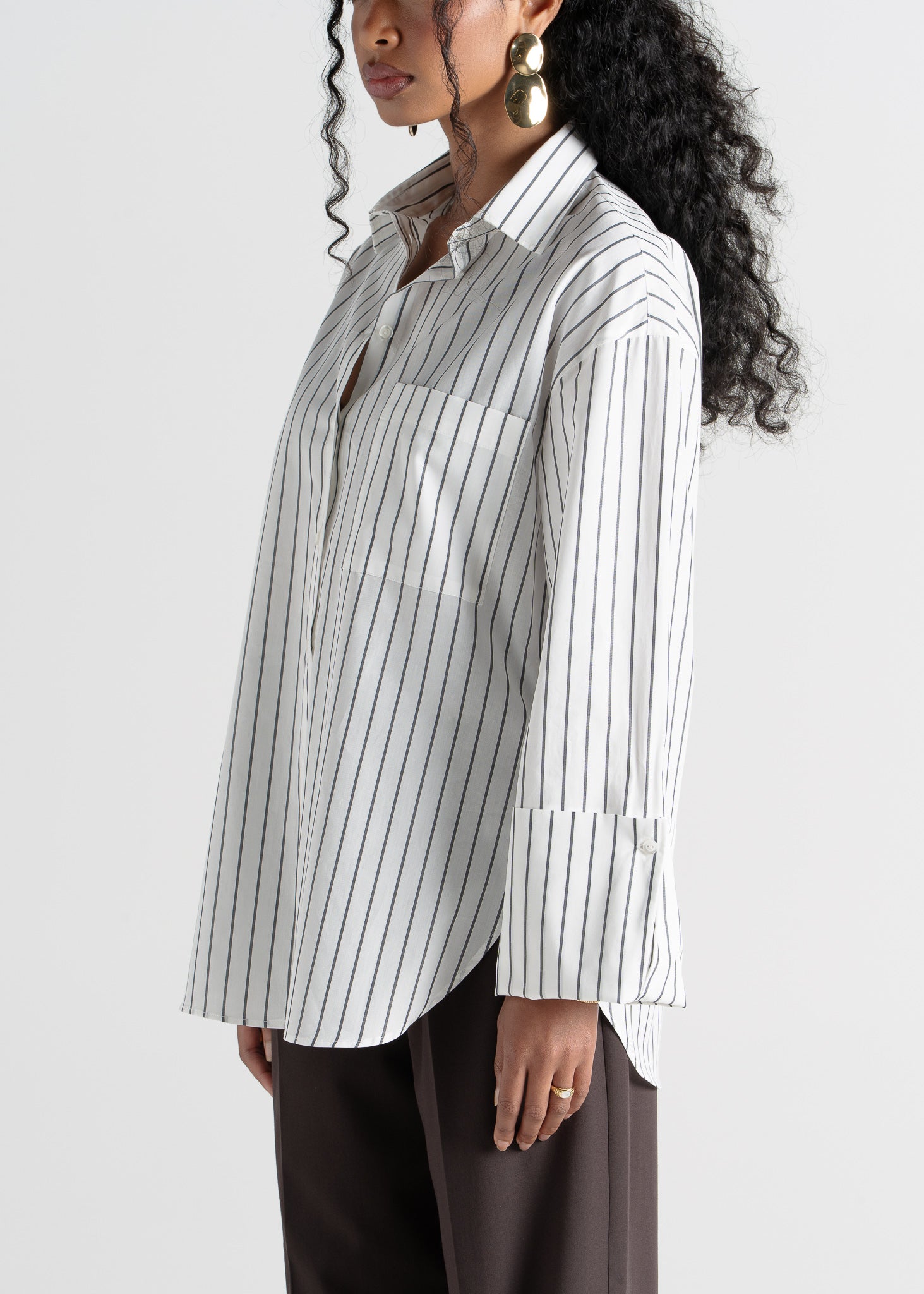 Gia Wide Cuff Cotton Shirt - White & Brown