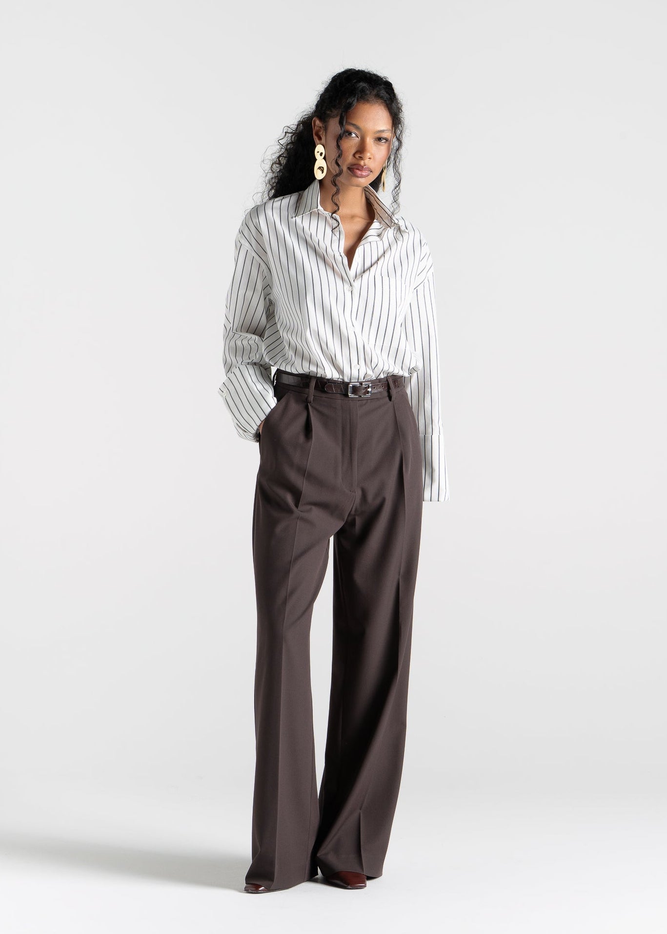 Gia Wide Cuff Cotton Shirt - White & Brown