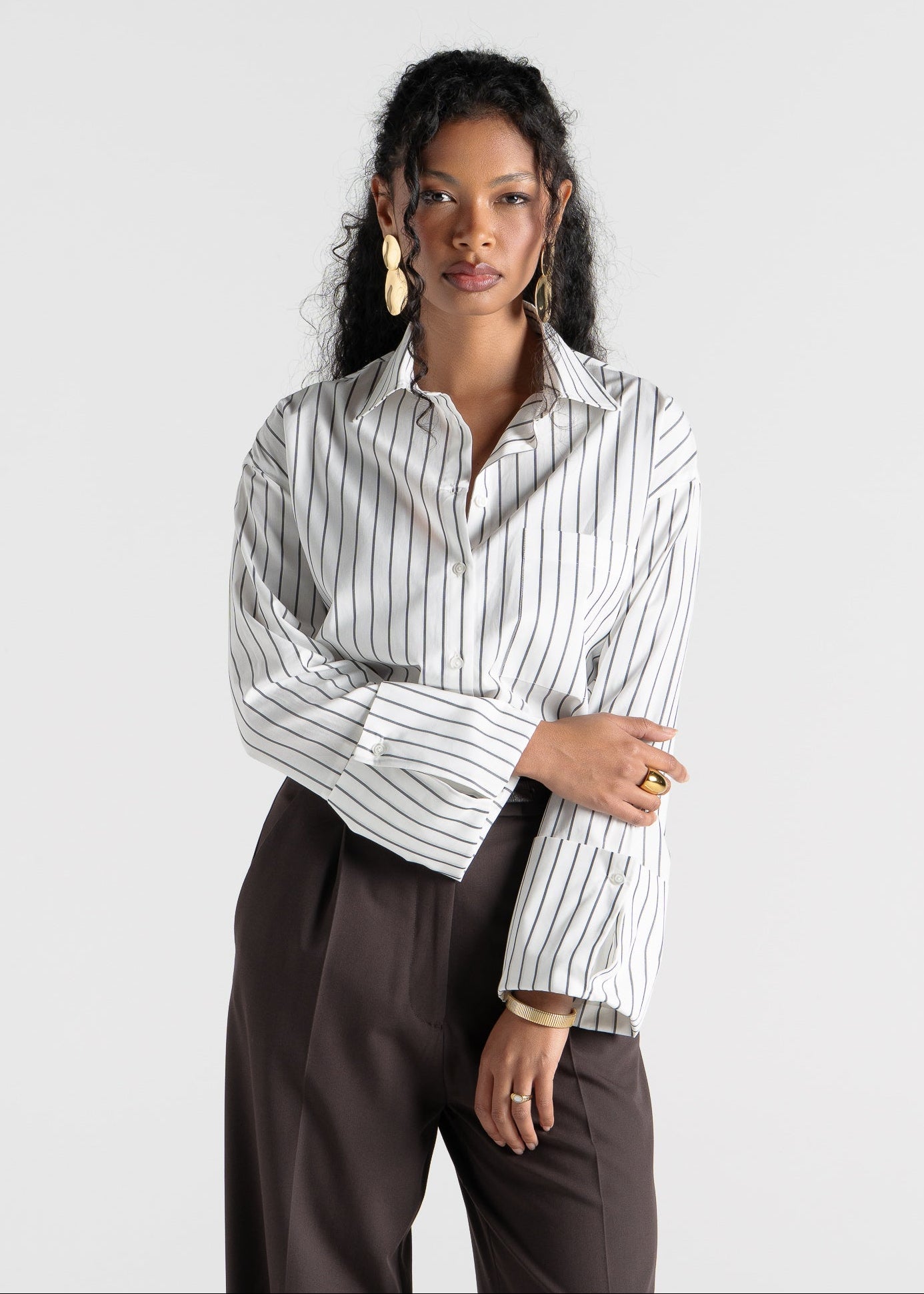 Gia Wide Cuff Cotton Shirt - White & Brown