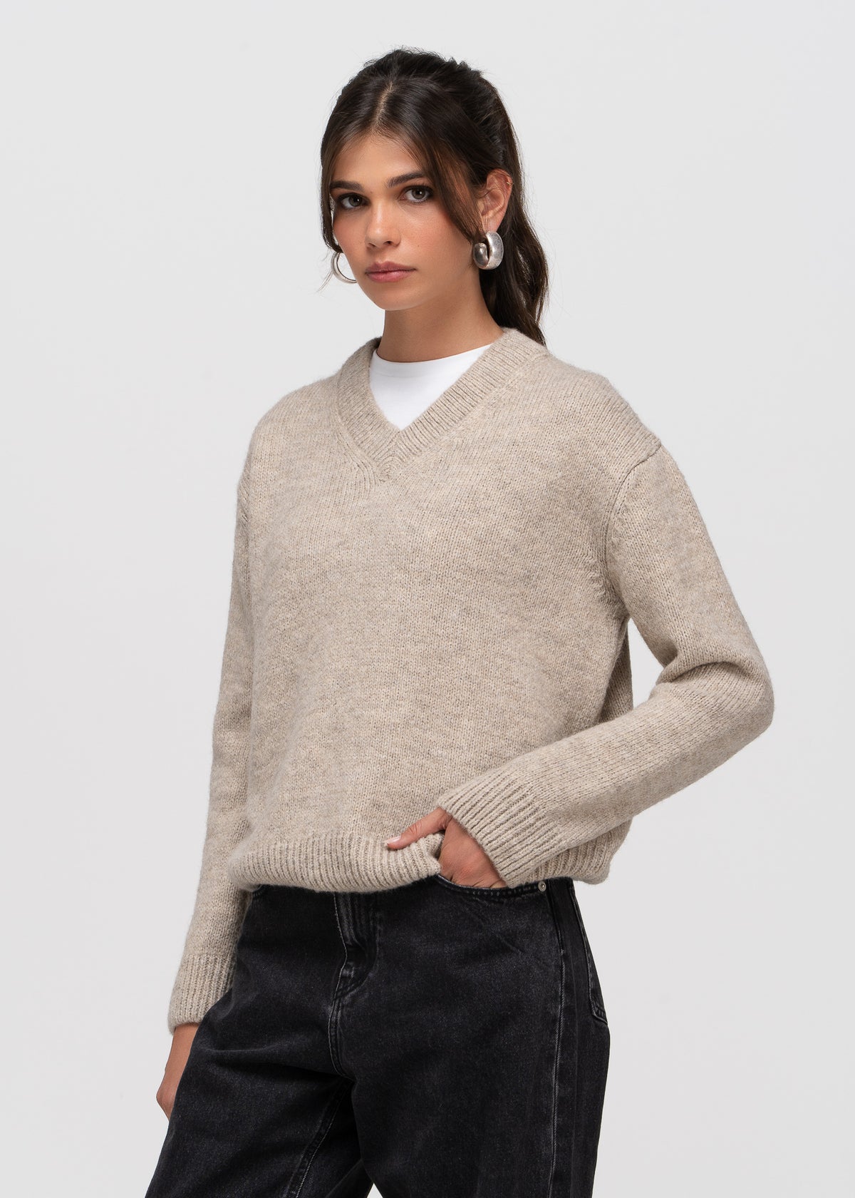 Zoe Oversized V-Neck Sweater – Oatmeal