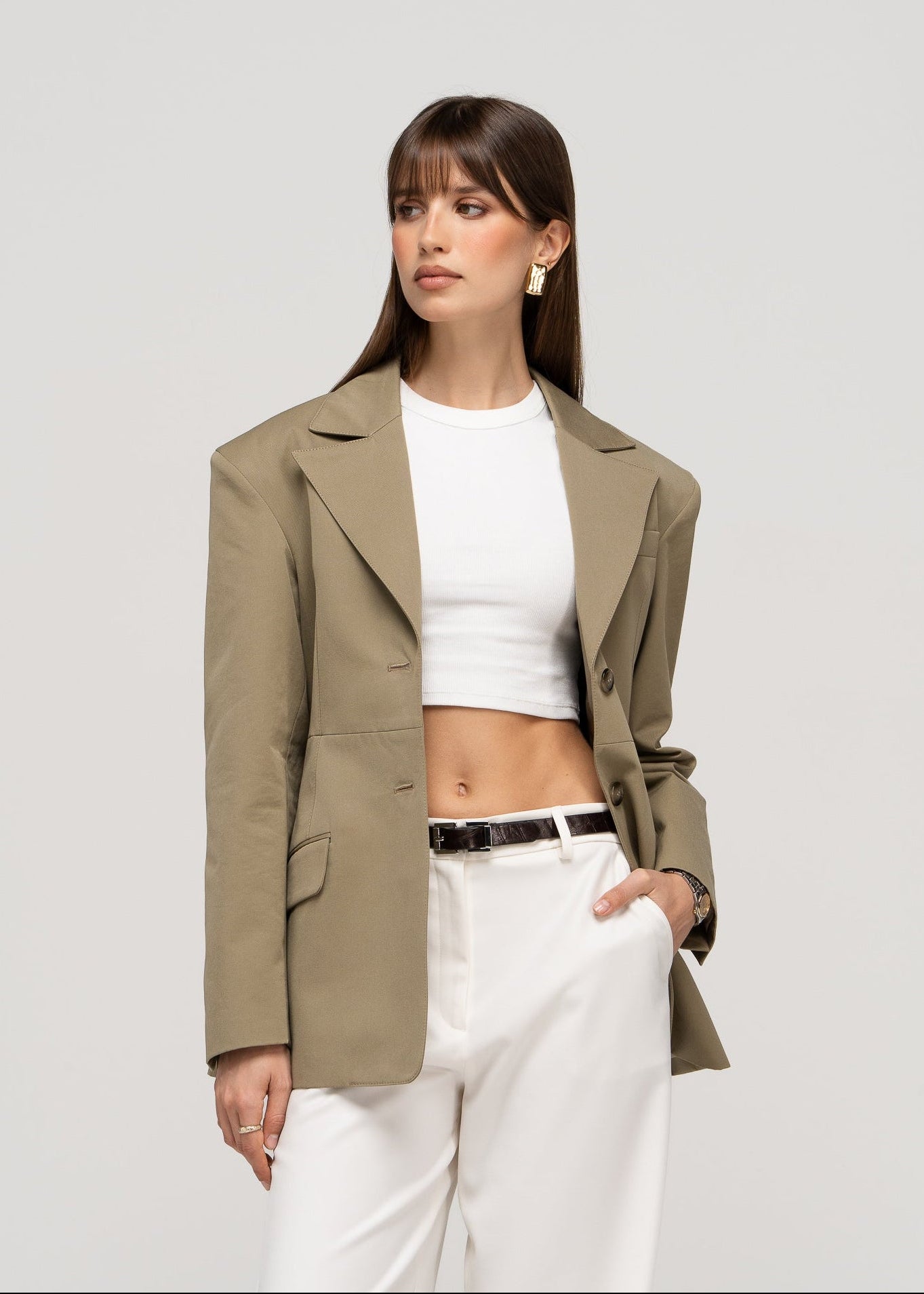 Ella Structured Waist-Cinched Blazer - Olive Green