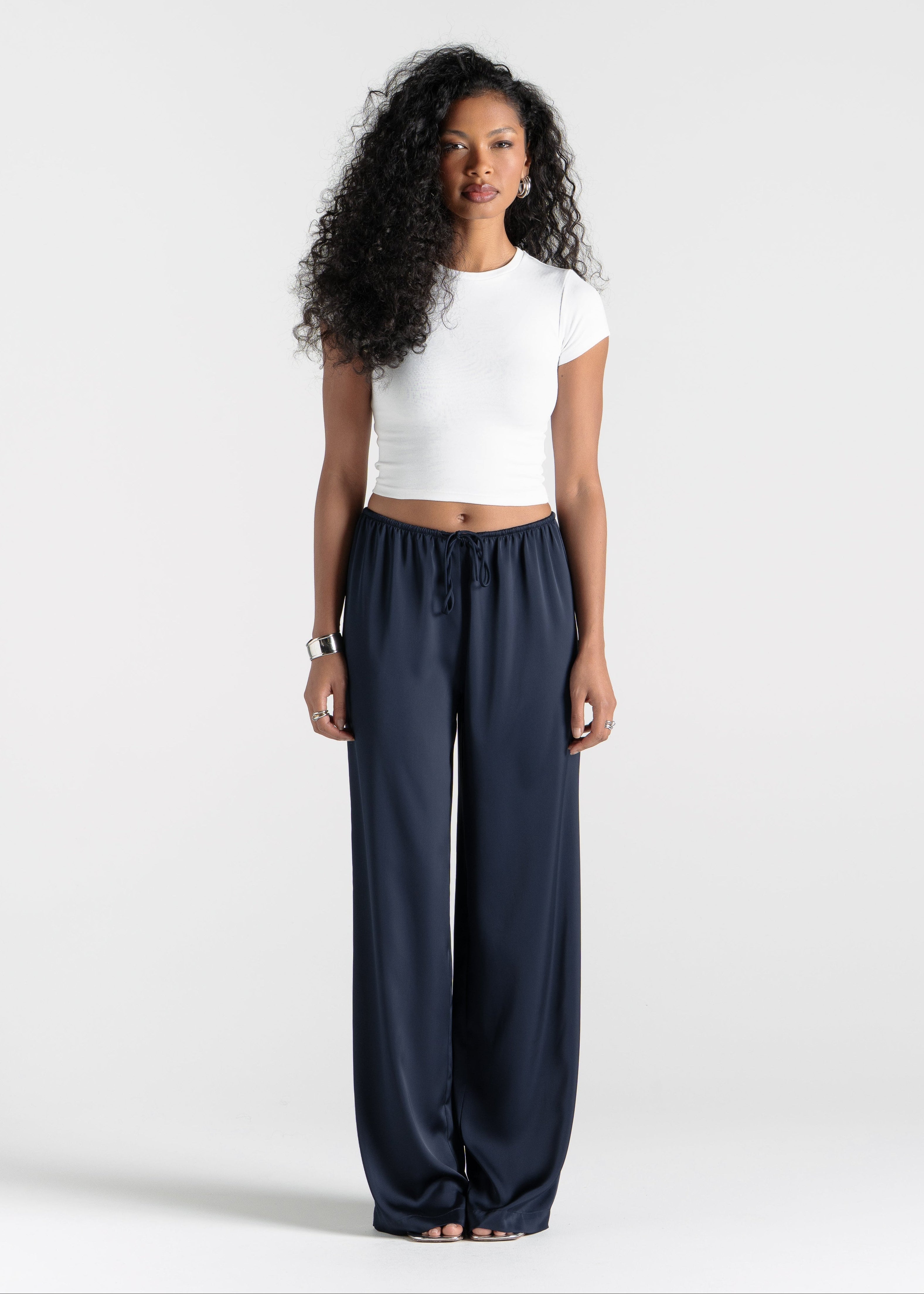 Giulia Loose Satin Pants - Navy