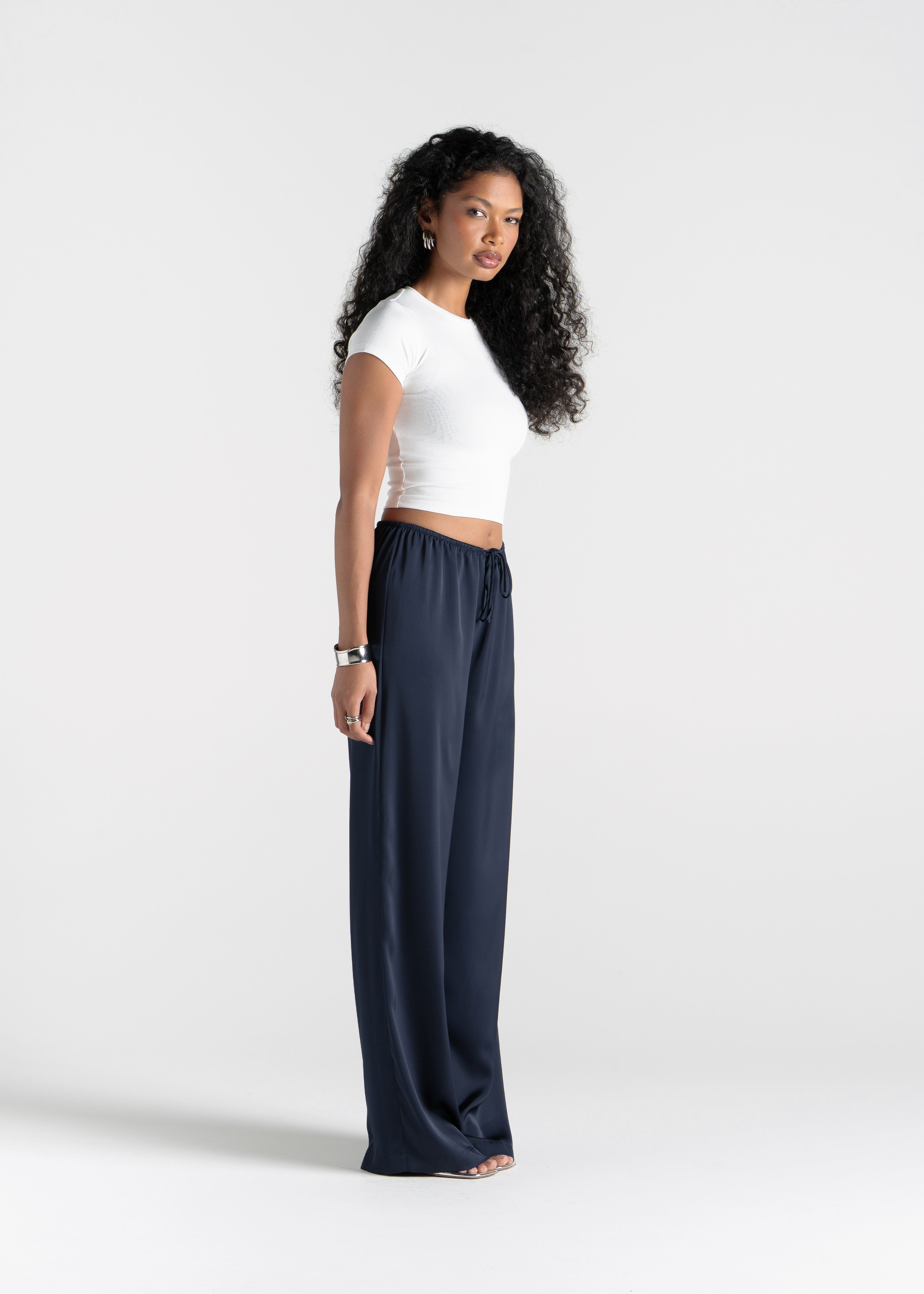 Giulia Loose Satin Pants - Navy
