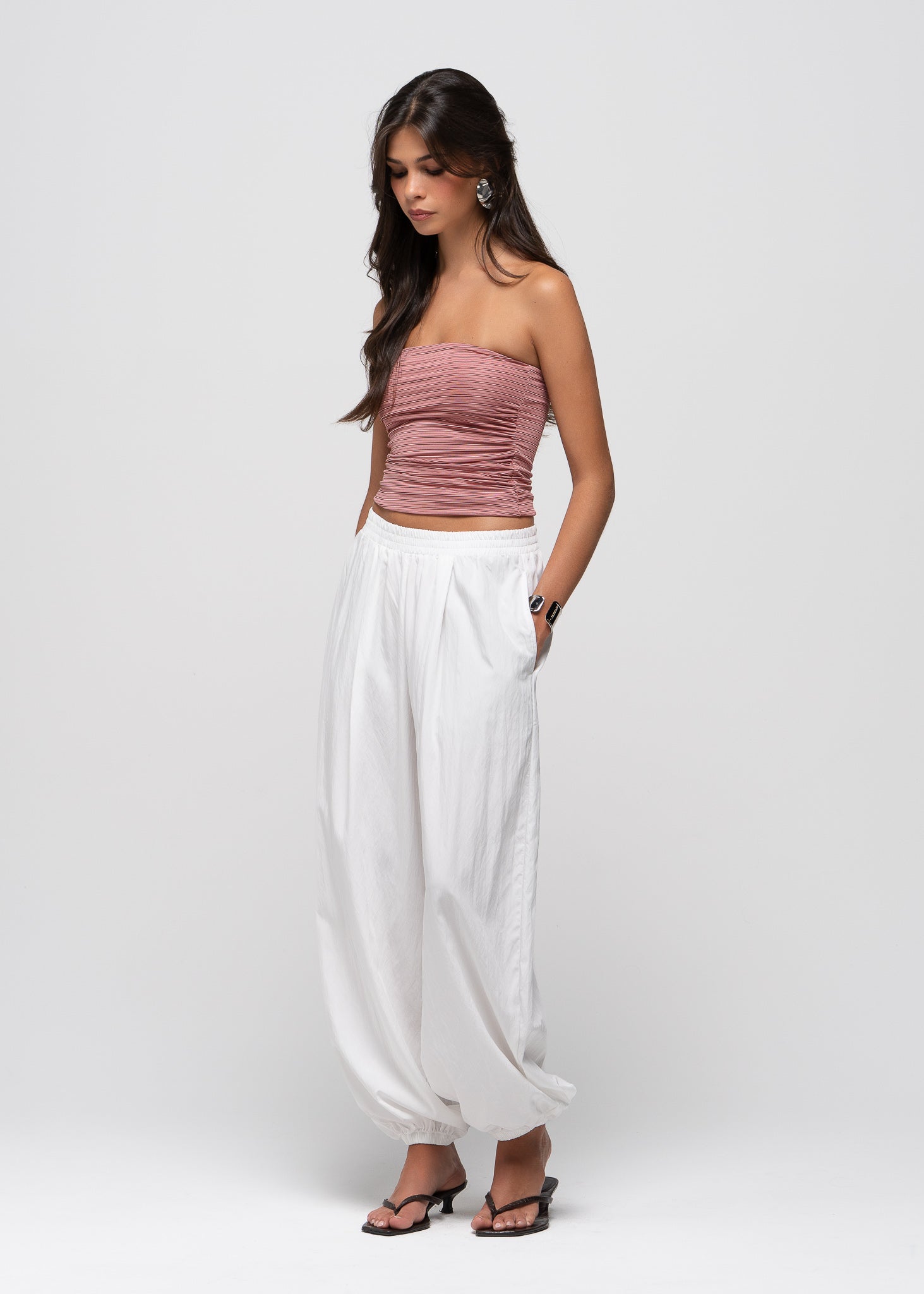 Noa Ruched Bandeau Top - Red Stripes