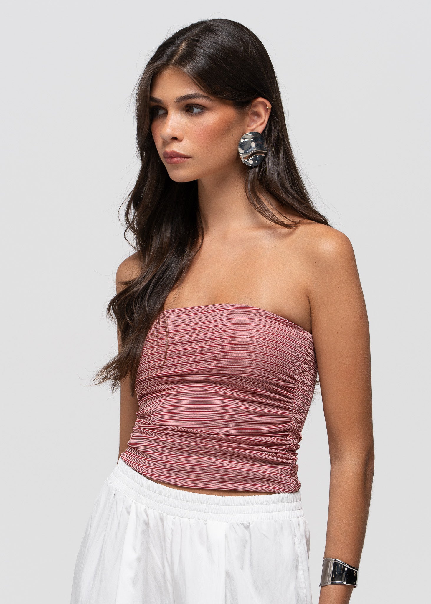 Noa Ruched Bandeau Top - Red Stripes