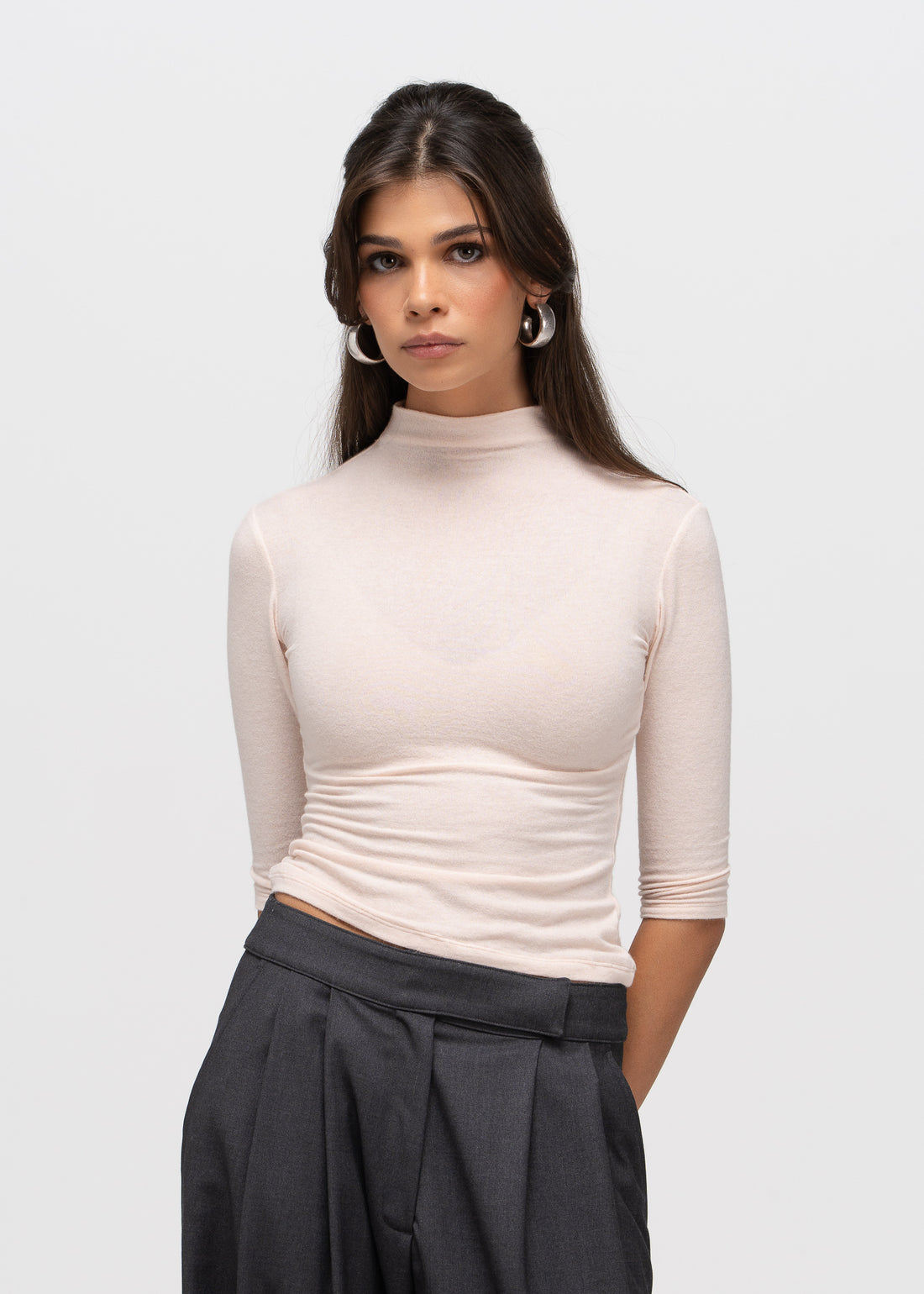 Cora 3/4 Sleeve Mock Neck Top - Powder Pink