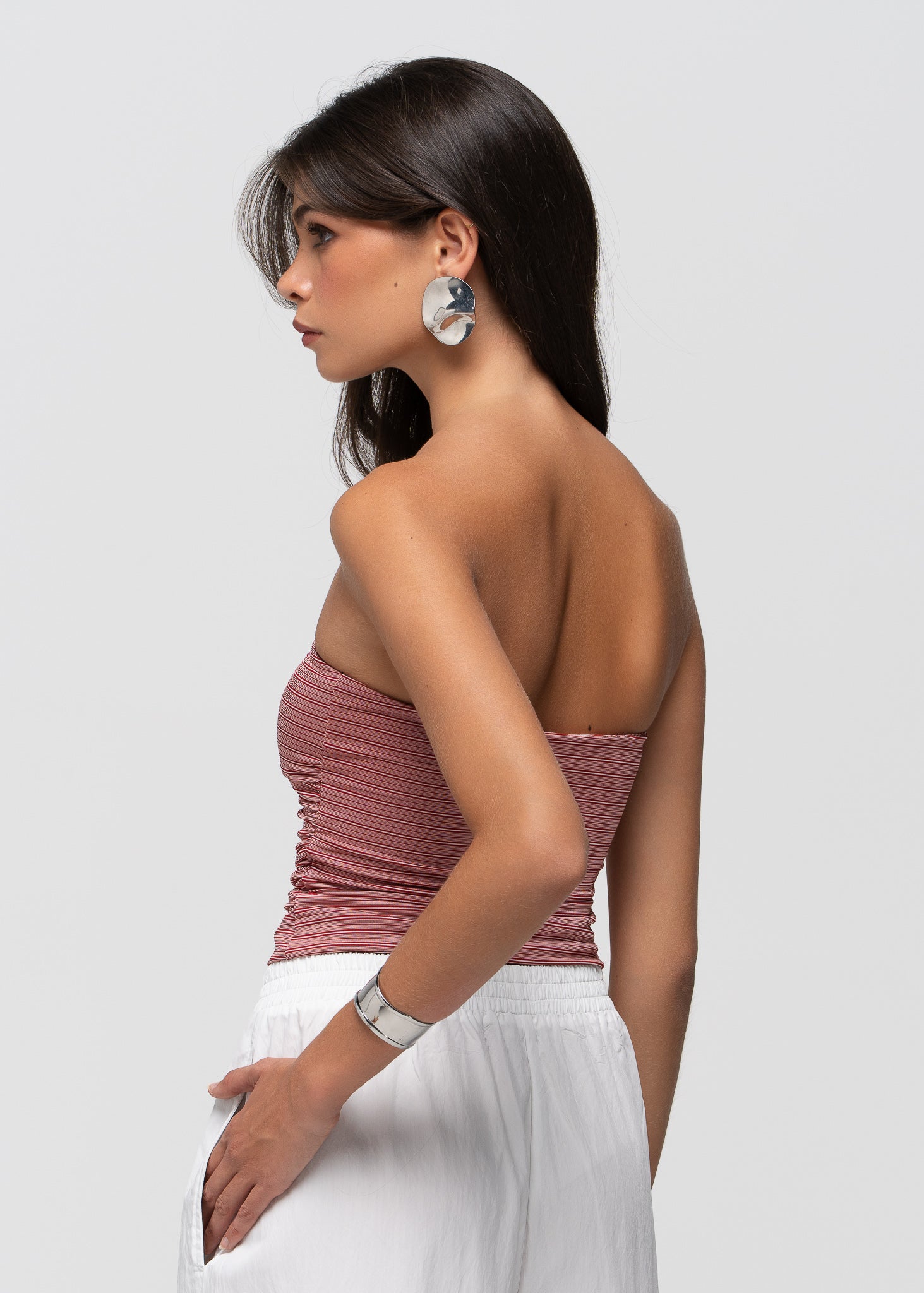 Noa Ruched Bandeau Top - Red Stripes