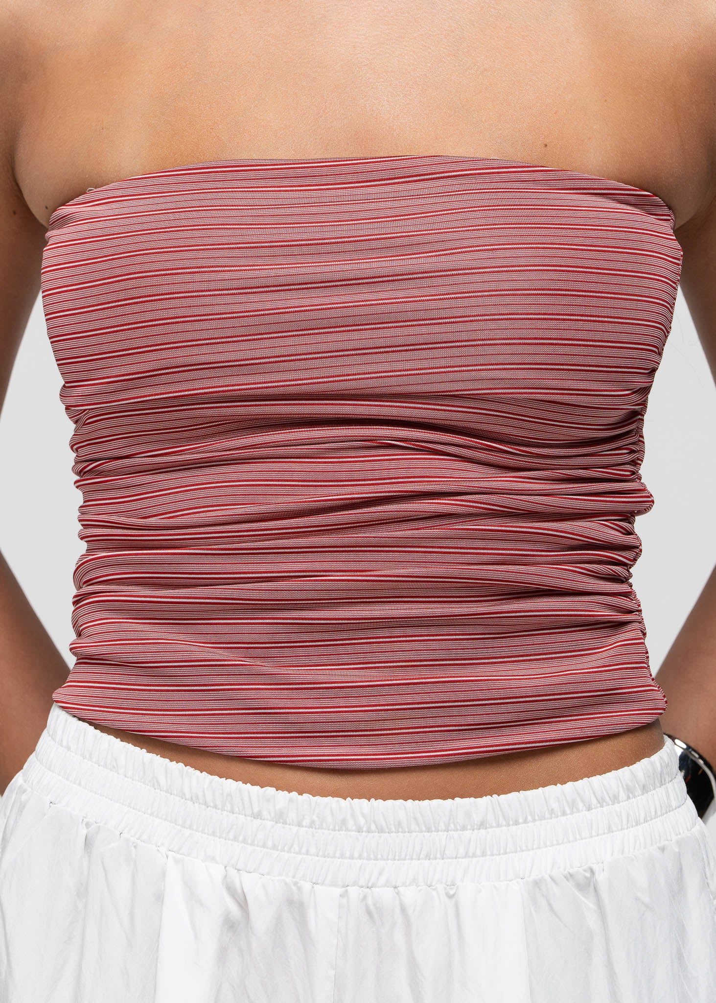 Noa Ruched Bandeau Top - Red Stripes