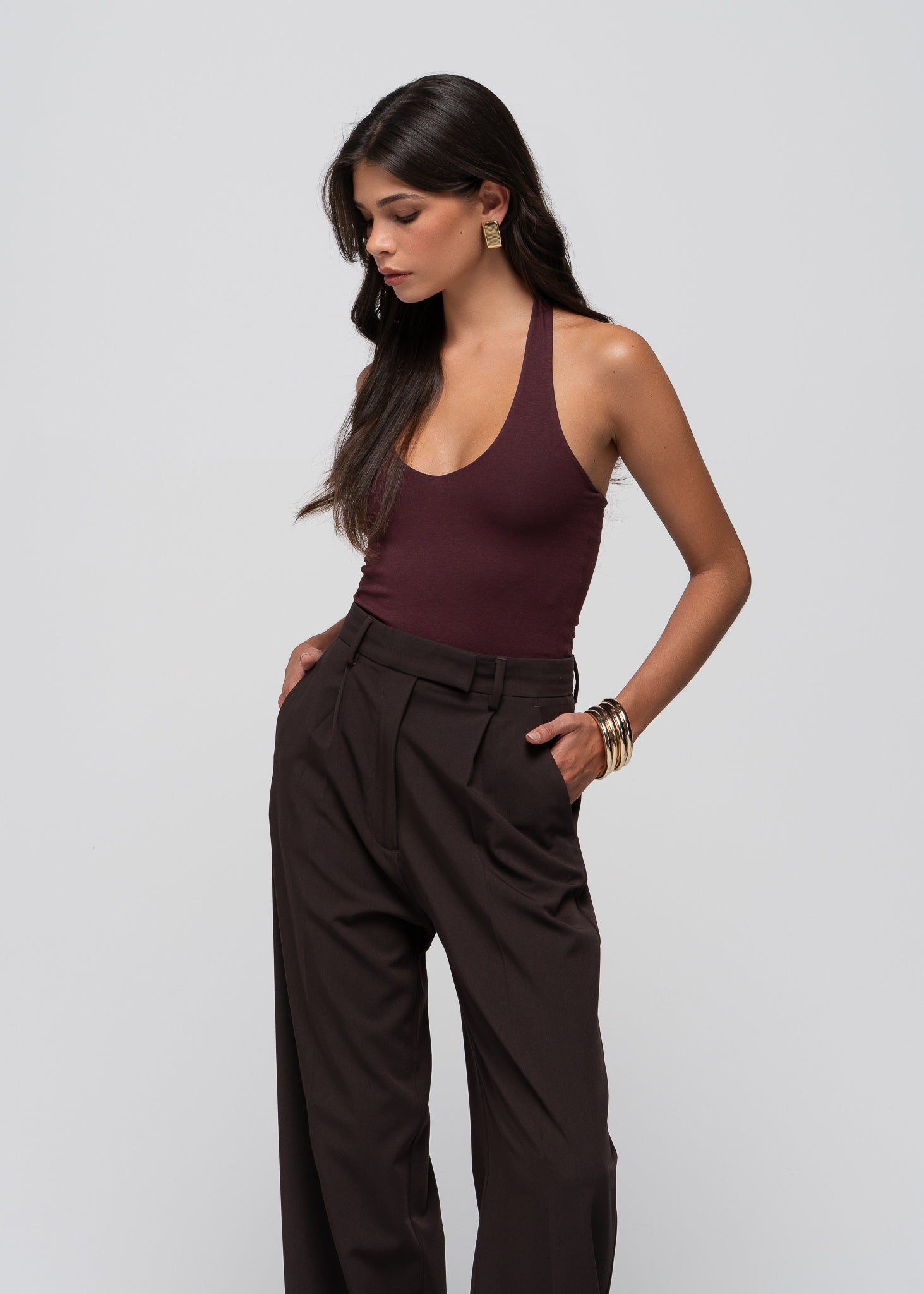 Cleo Plunge Halter Bodysuit - Plum