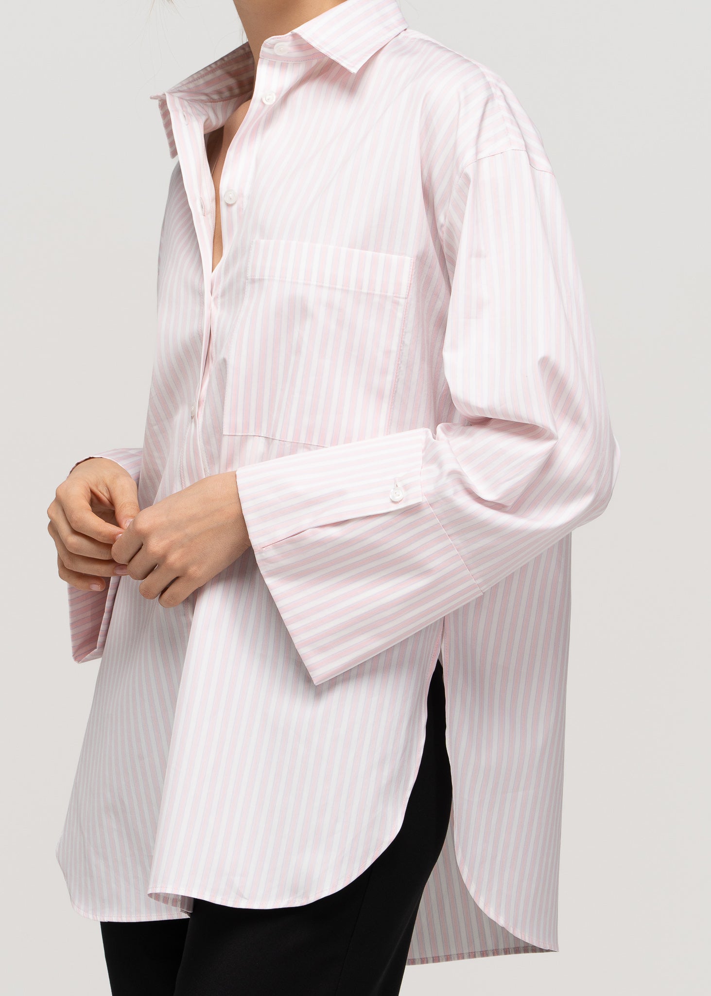 Gia Wide Cuff Cotton Shirt - Pink & White