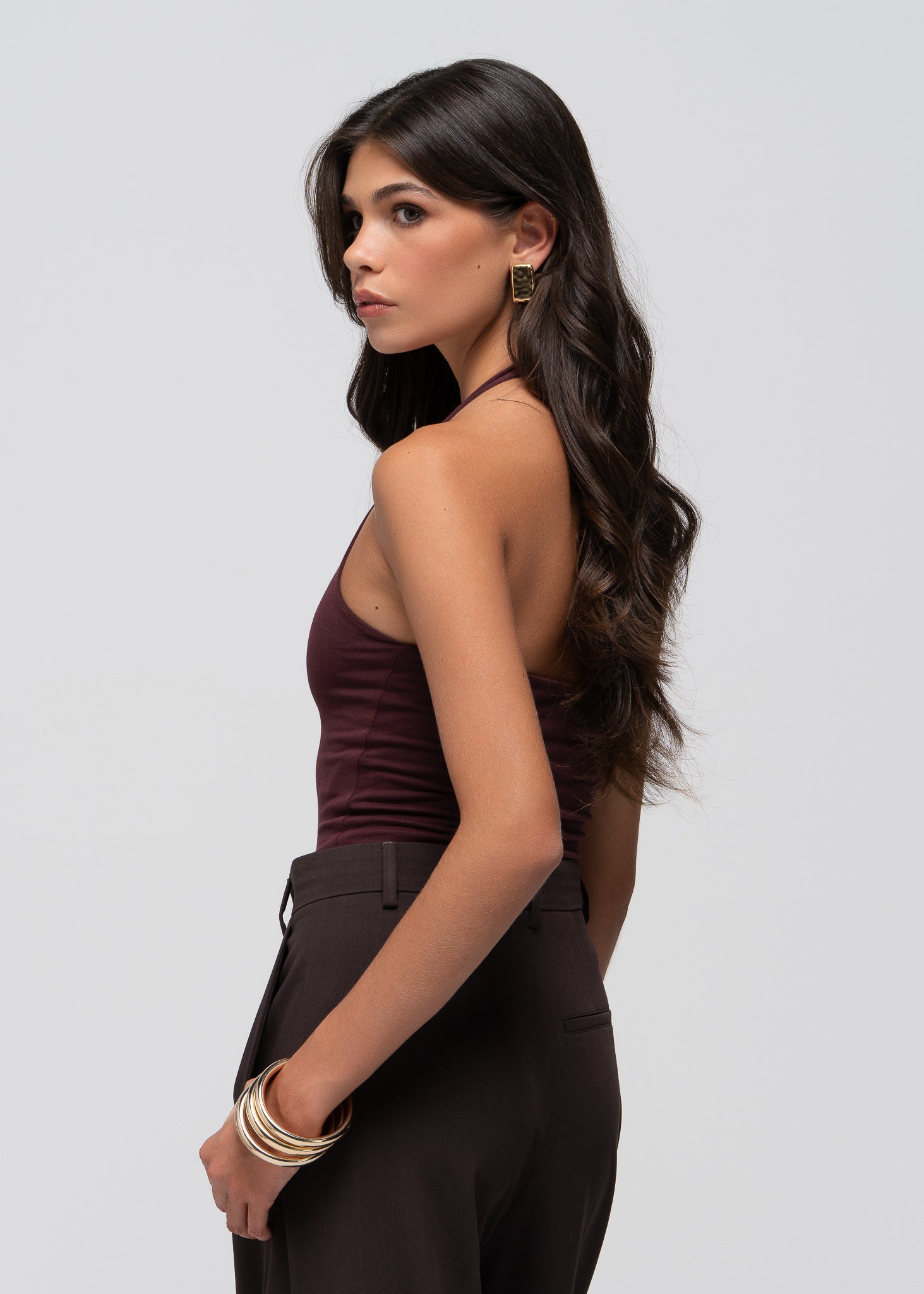 Cleo Plunge Halter Bodysuit - Plum
