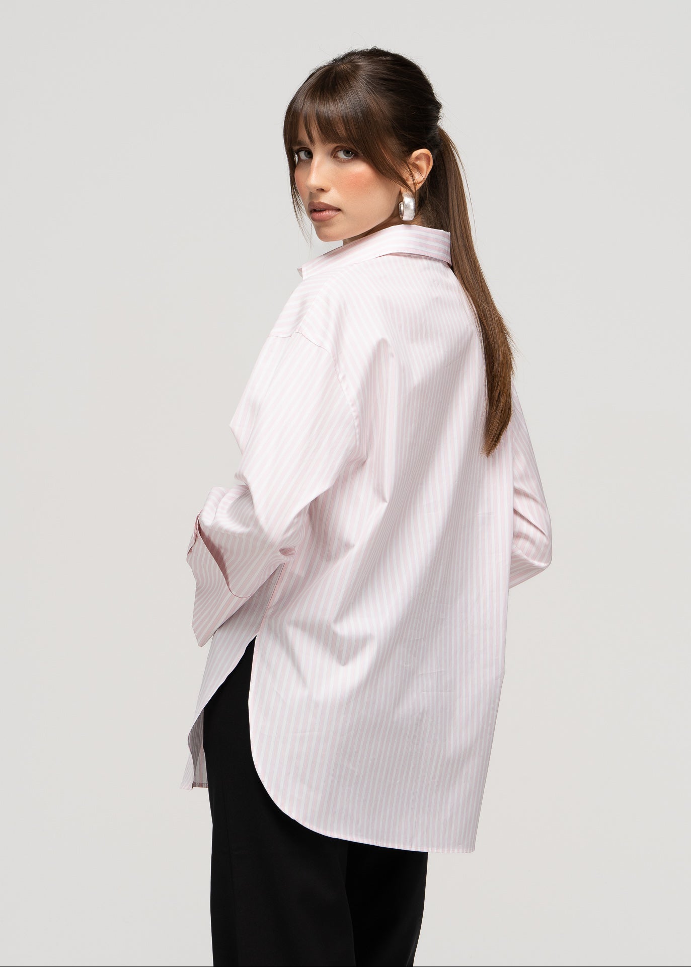 Gia Wide Cuff Cotton Shirt - Pink & White