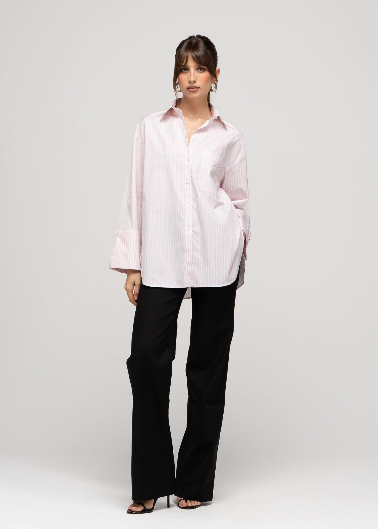 Gia Wide Cuff Cotton Shirt - Pink & White