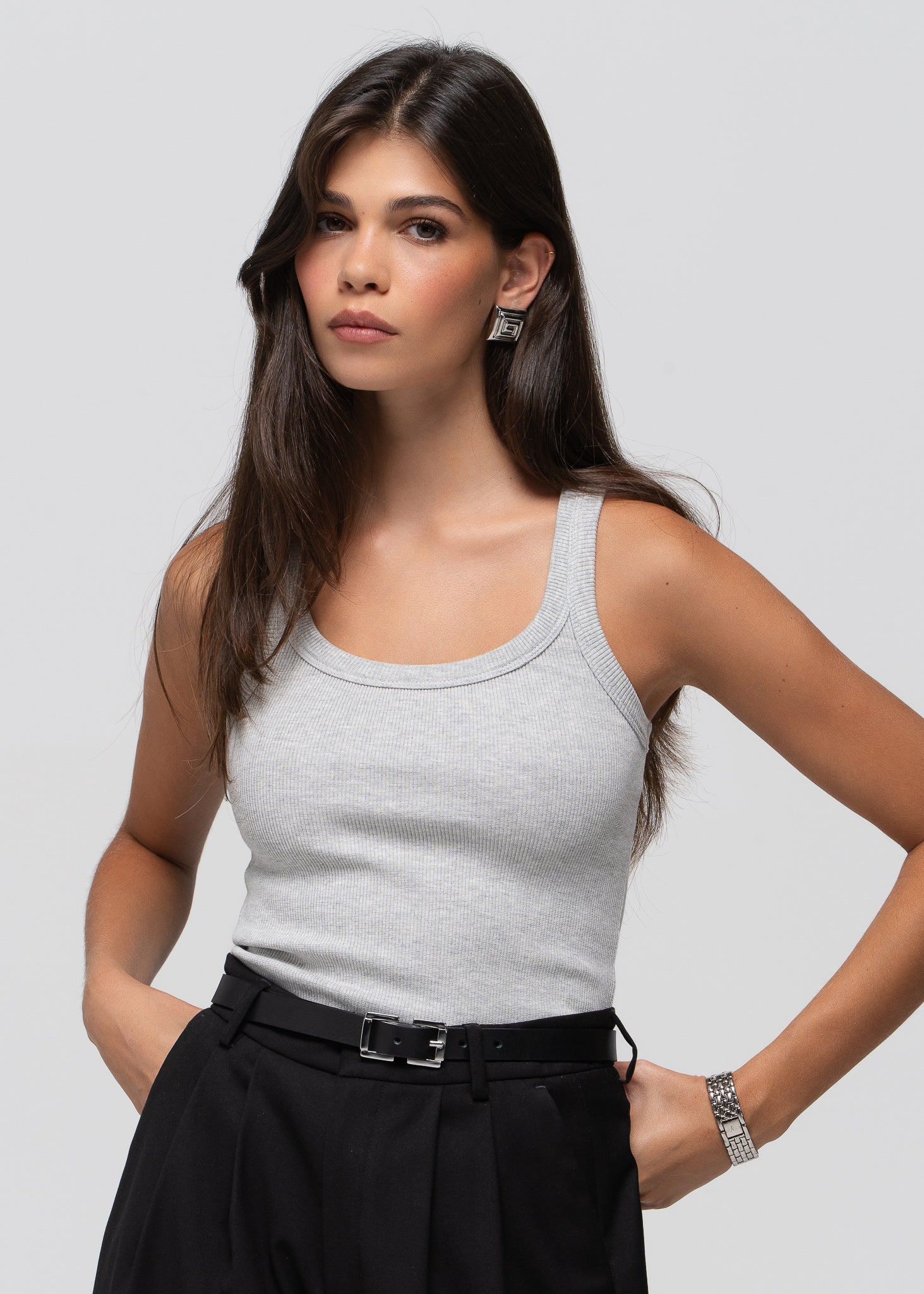 Jimmy Scoop-Neck Ribbed Tank Top - Grey