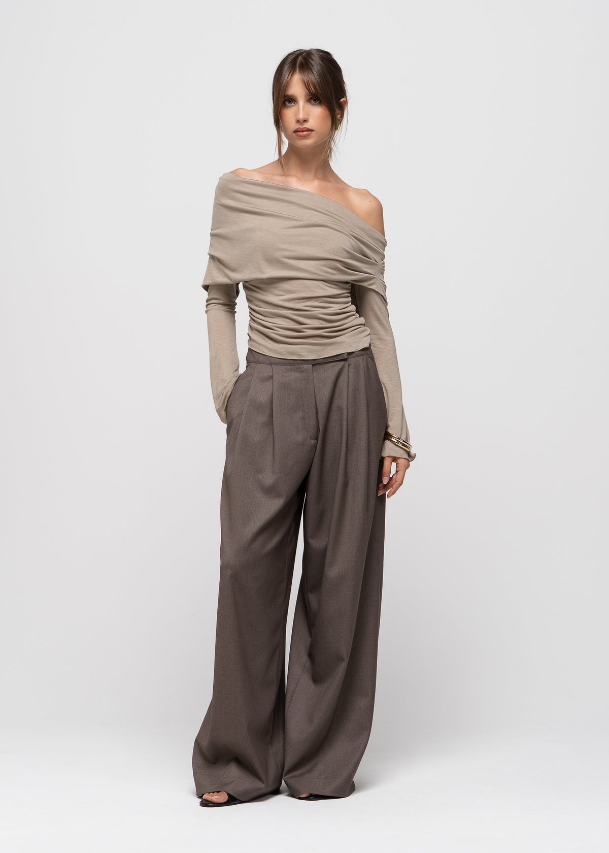 Rose Draped Off-Shoulder Top - Latte