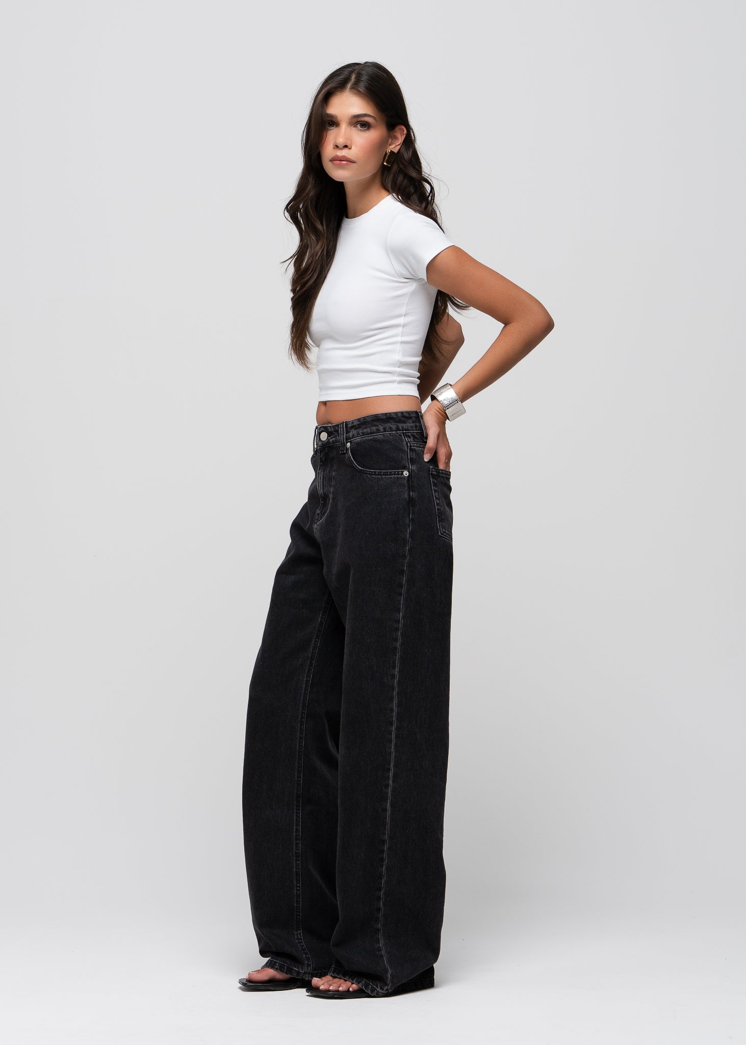 Mia Mid-Waist Wide Leg Jeans - Dark Grey