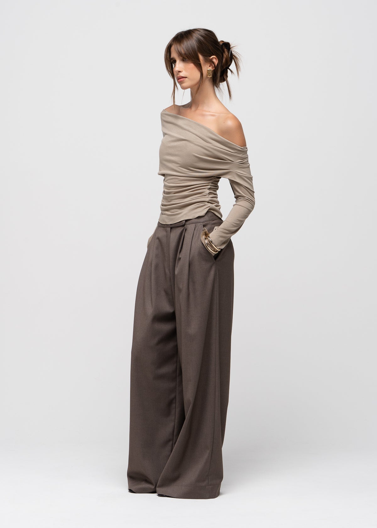 Rose Draped Off-Shoulder Top - Latte