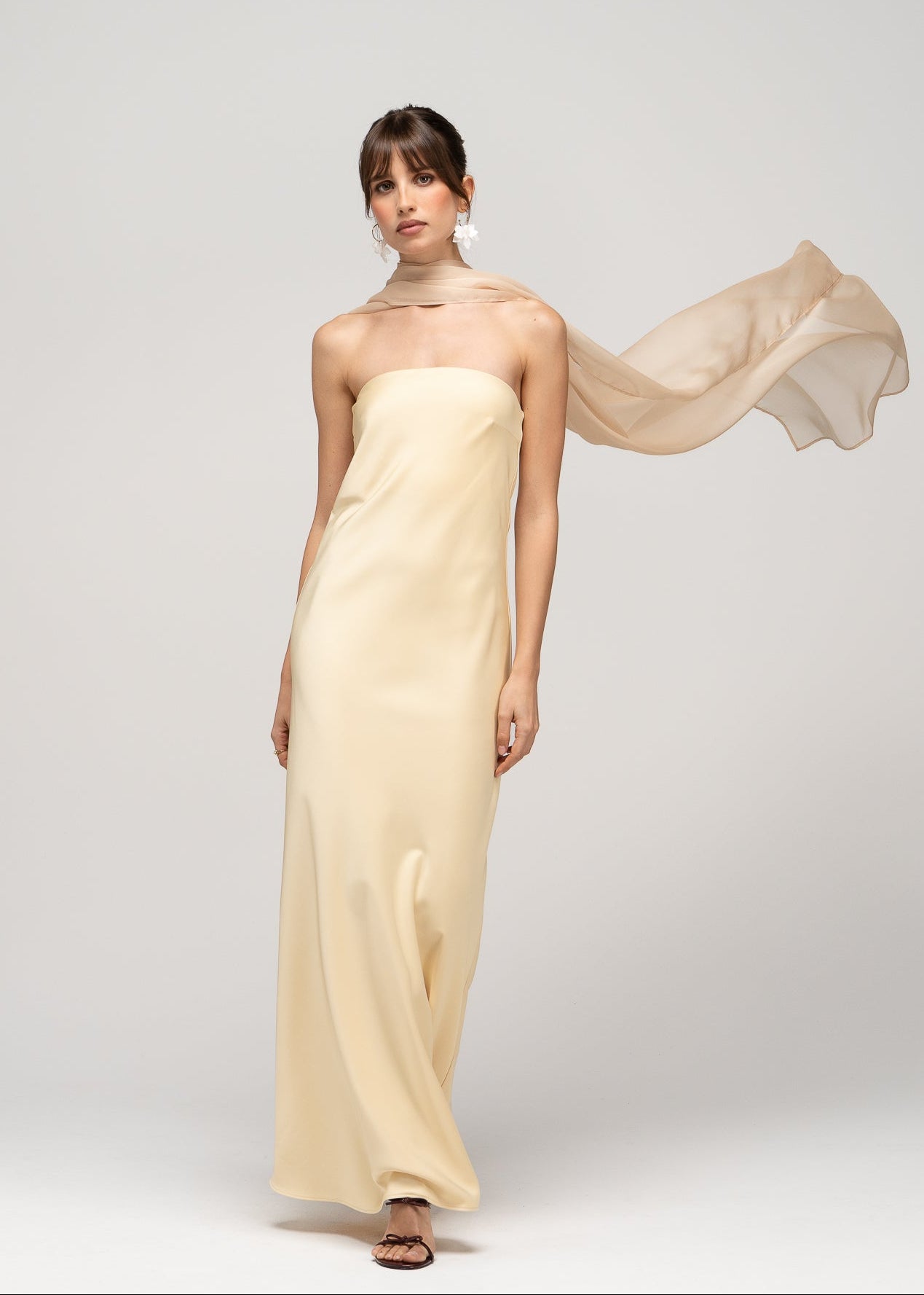 La Noche Strapless Satin Gown with Shawl - Butter Yellow