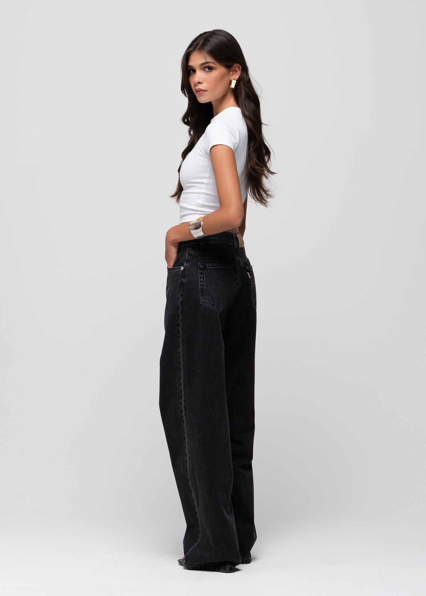 Mia Mid-Waist Wide Leg Jeans - Dark Grey