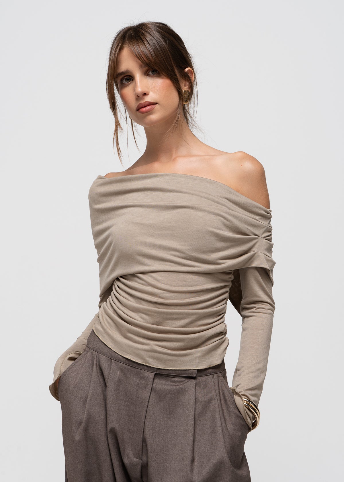 Rose Draped Off-Shoulder Top - Latte