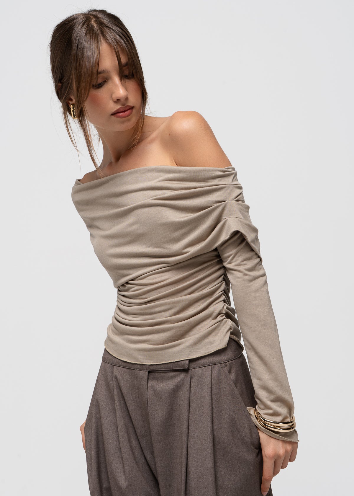 Rose Draped Off-Shoulder Top - Latte